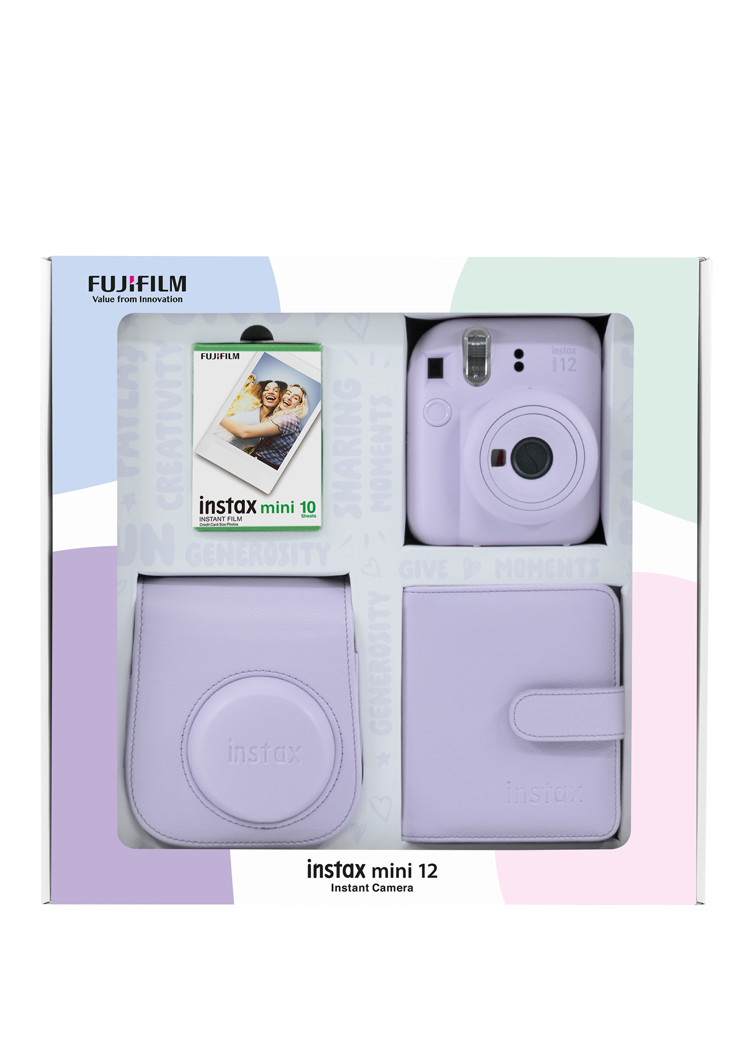 Instax Mini 12 Lila Fotoğraf Makinesi Bundle Box + 10'lu Film Kare Albüm ve Deri Kılıflı