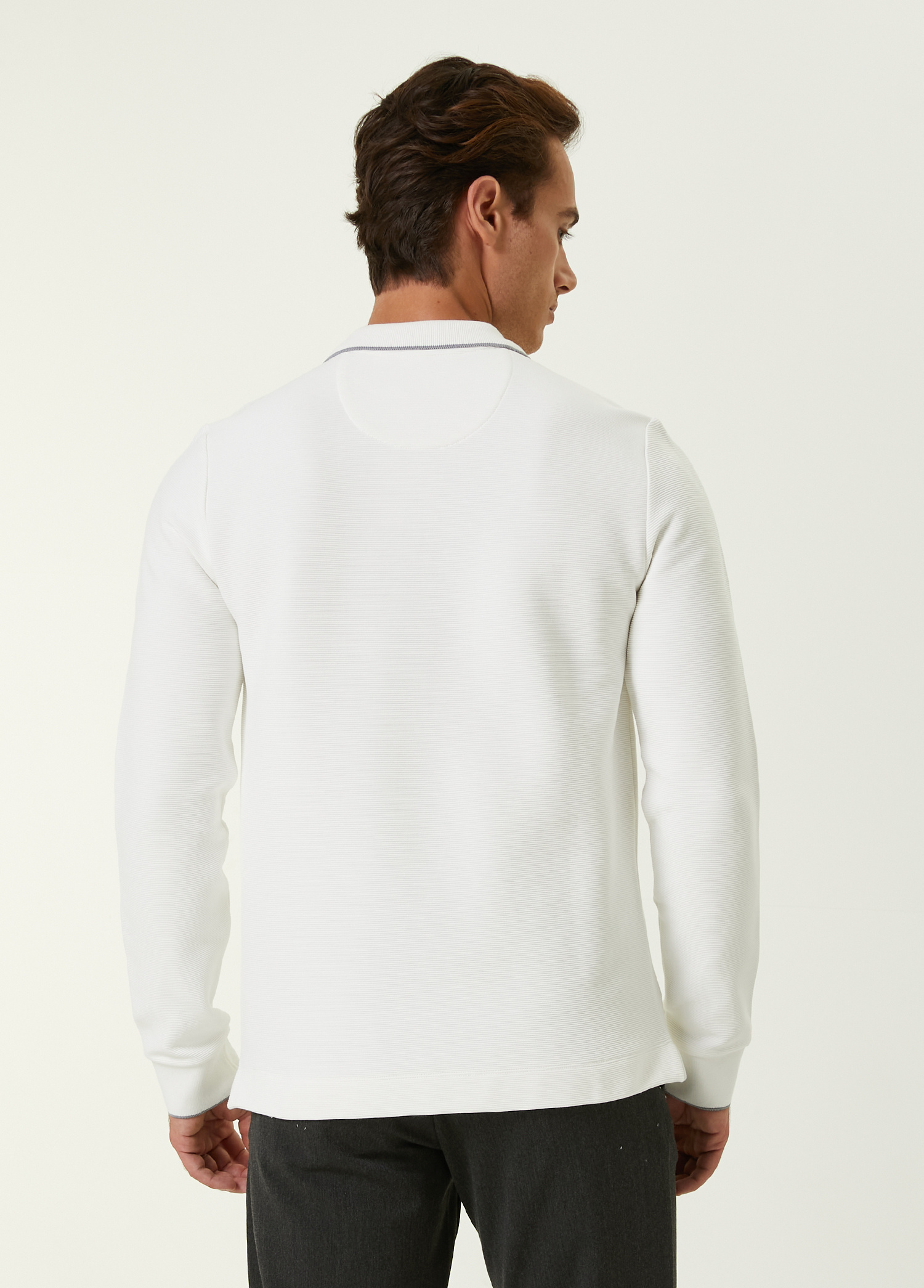 Slim Fit Ekru Polo Yaka Ottoman Dokulu Sweatshirt_3