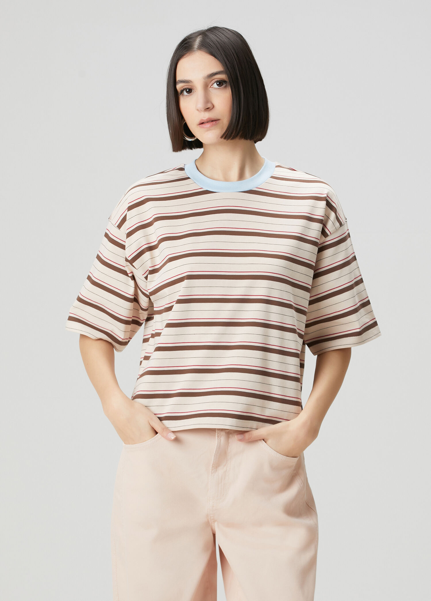 Bej Çizgili Oversize T-shirt