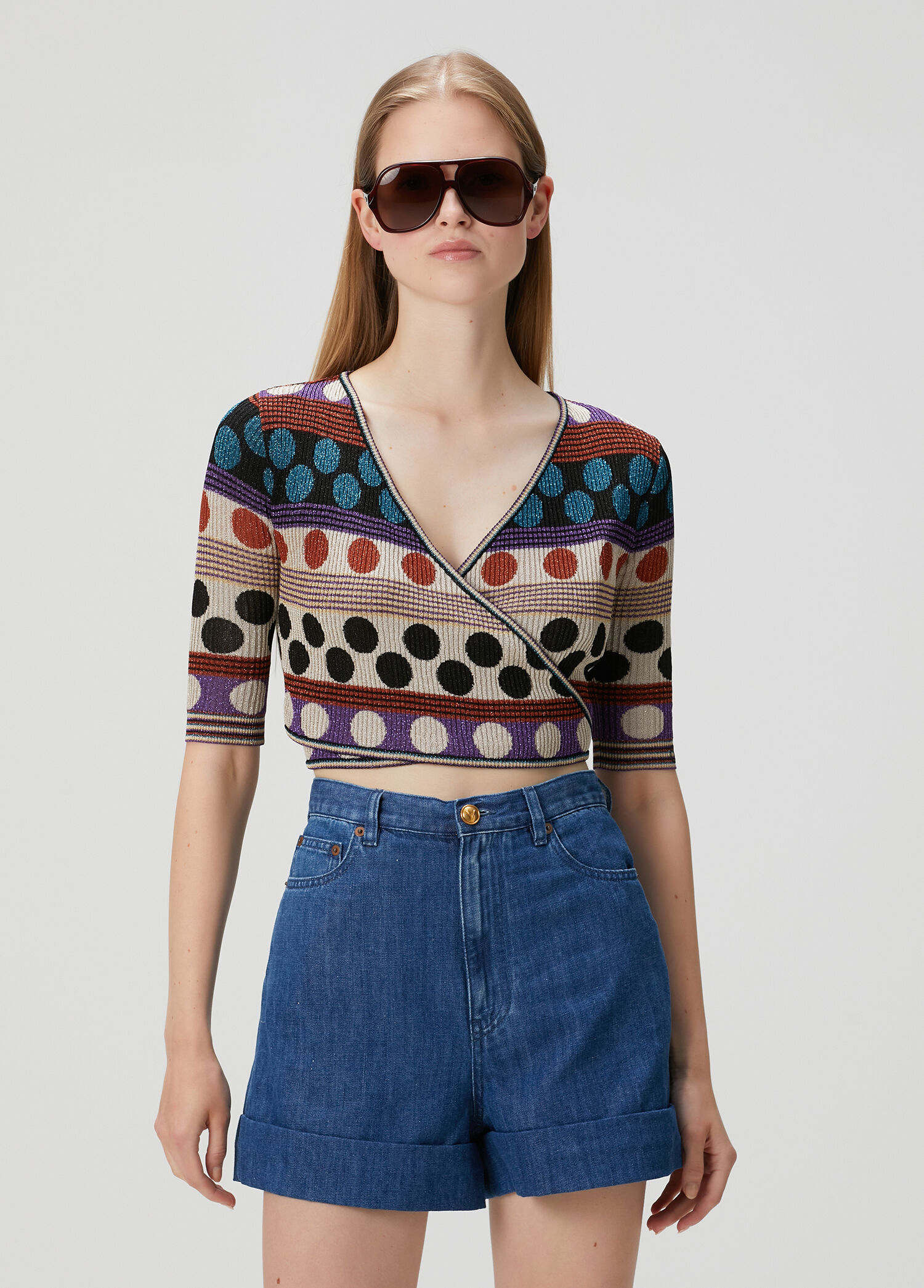 Puantiyeli Crop Triko Bluz