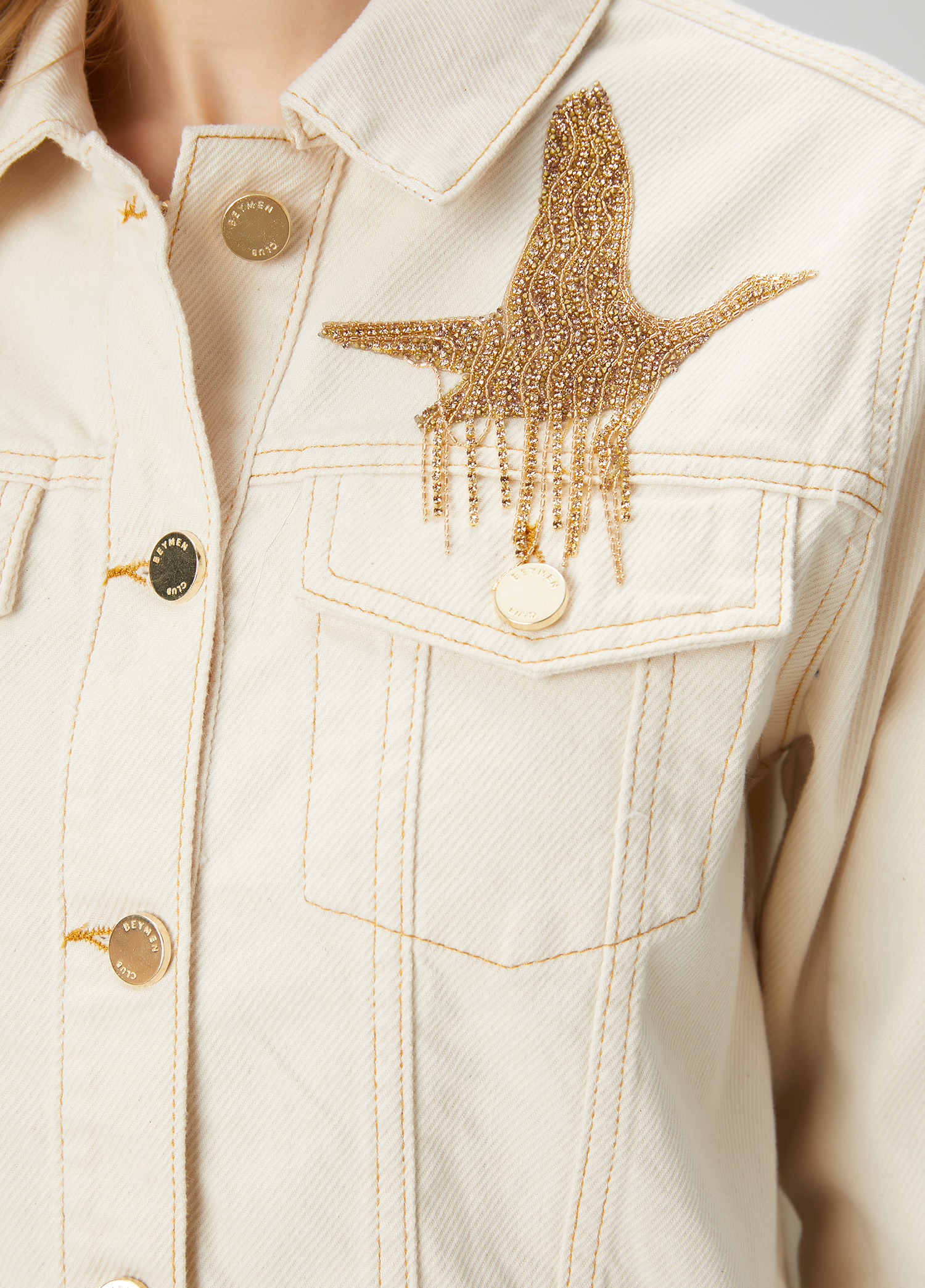 Ekru İşlemeli Denim Ceket_5