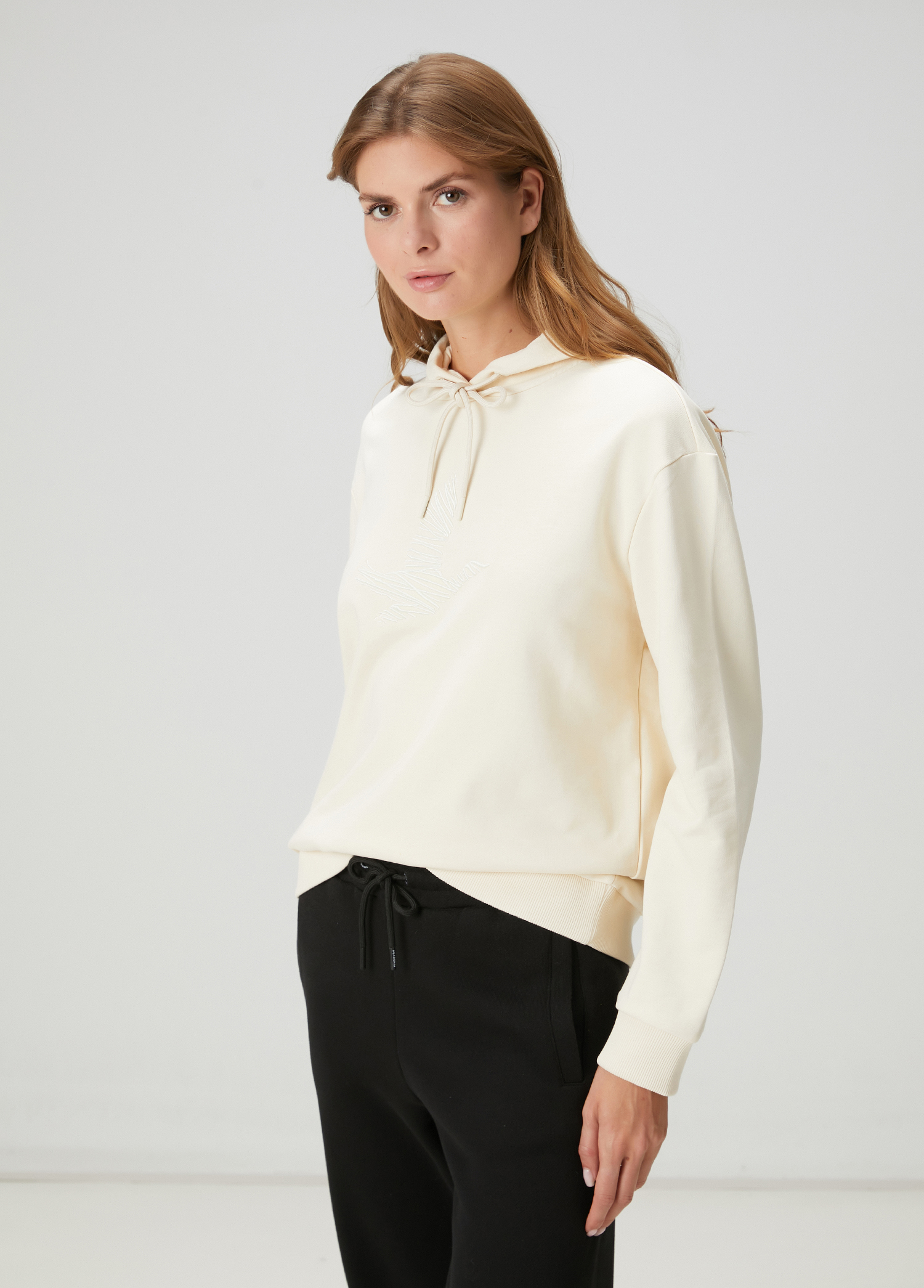 Ekru Kapüşonlu Karalama Kuş Nakış Sweatshirt