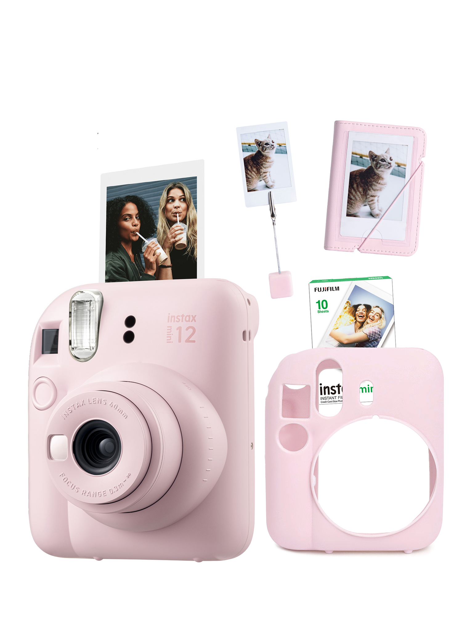 Instax Mini 12 Pembe Fotoğraf Makinesi + 10'lu Film Kıskaçlı Stand Mini Albüm ve Silikon Kılıf Seti