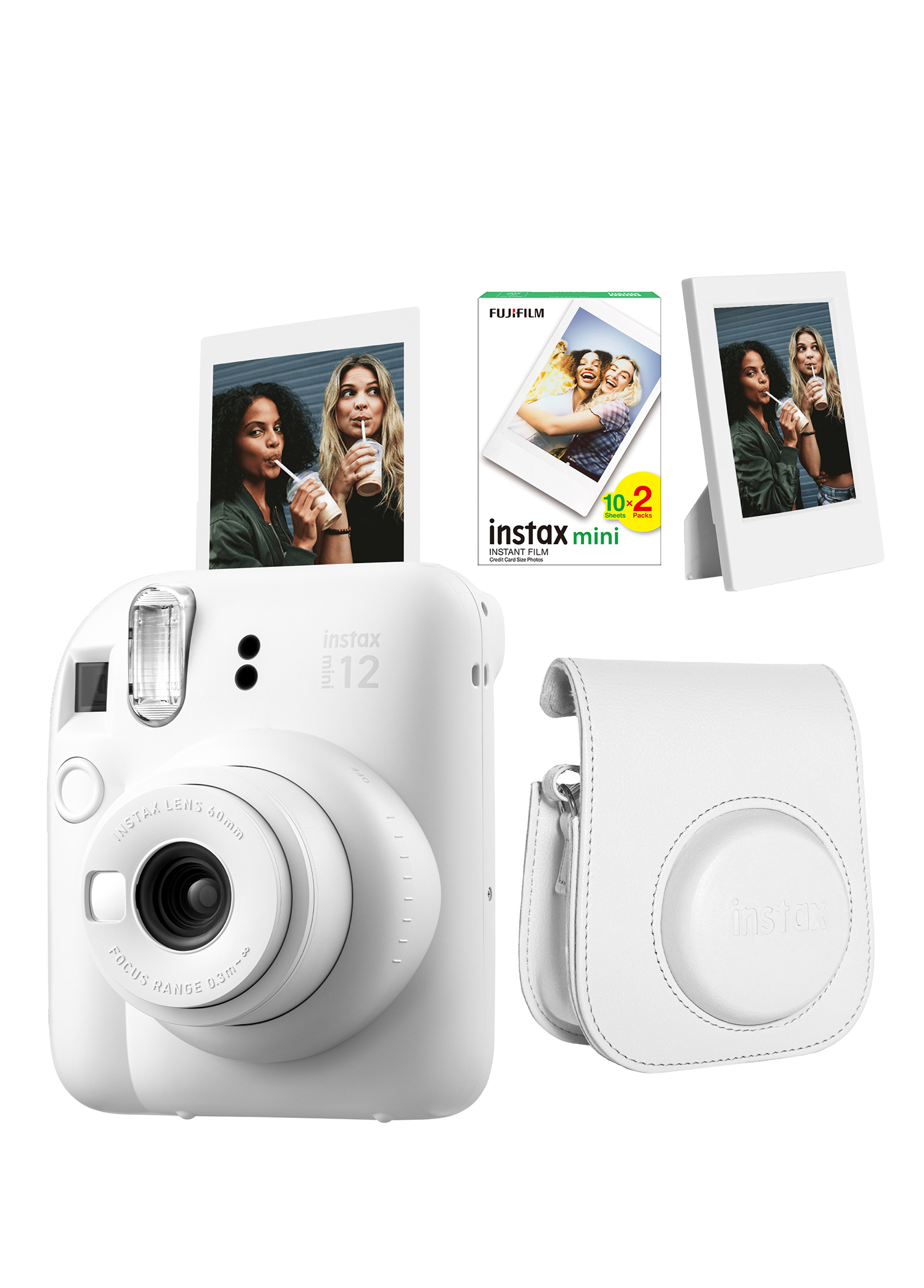 Instax Mini 12 Beyaz Fotoğraf Makinesi + 20'li Film Çerçeve ve Deri Kılıf Seti