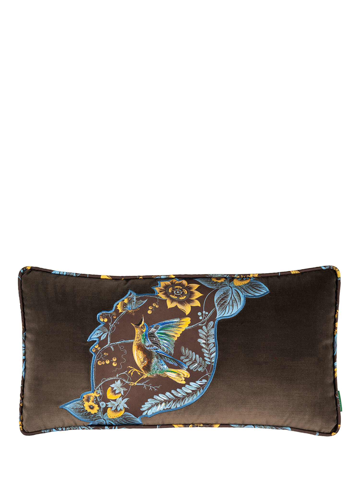 Çiçek ve Kuş Desenli Aplike Detaylı Kahverengi Kadife Kırlent 30 x 57 cm