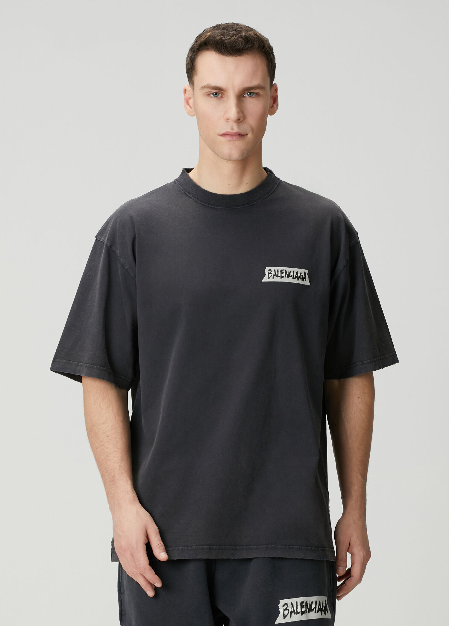 Balenciaga Siyah Erkek Masking Tape Siyah Logo Baskılı T-shirt