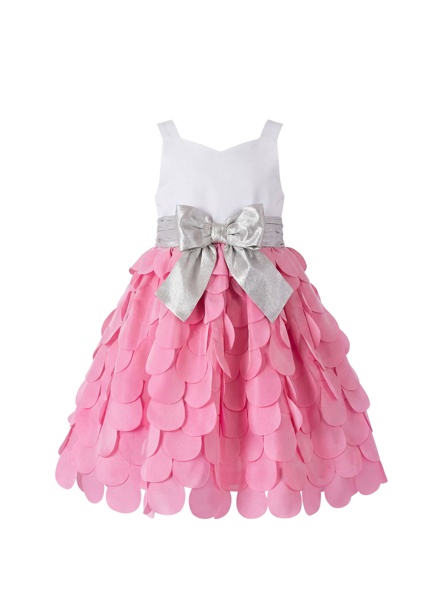 Pembe Petal Etekli Gümüş Fiyonk Kız Çocuk Elbise