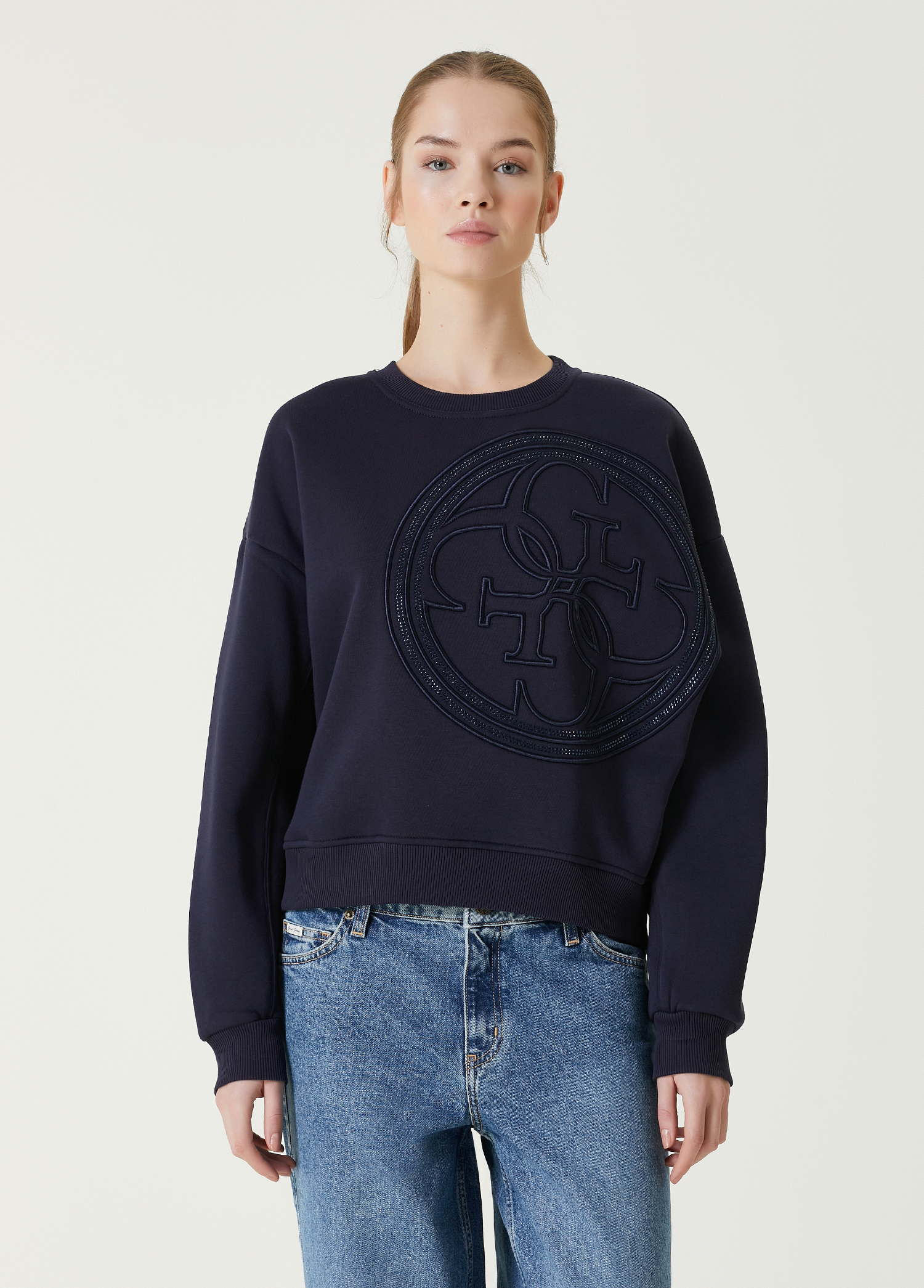 Koyu Mavi Taşlı Logolu Sweatshirt