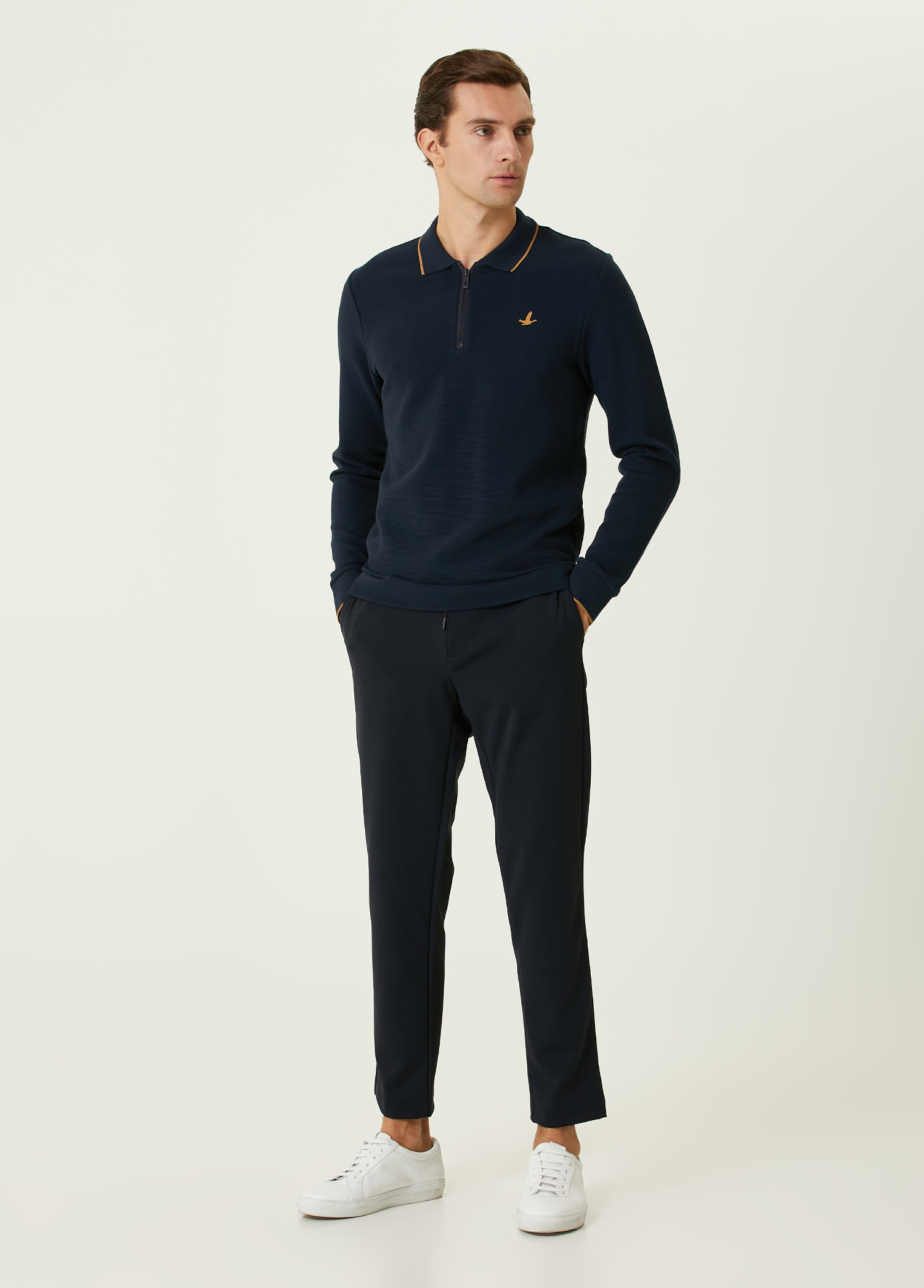 Slim Fit Lacivert Ottoman Dokulu Polo Sweatshirt_2