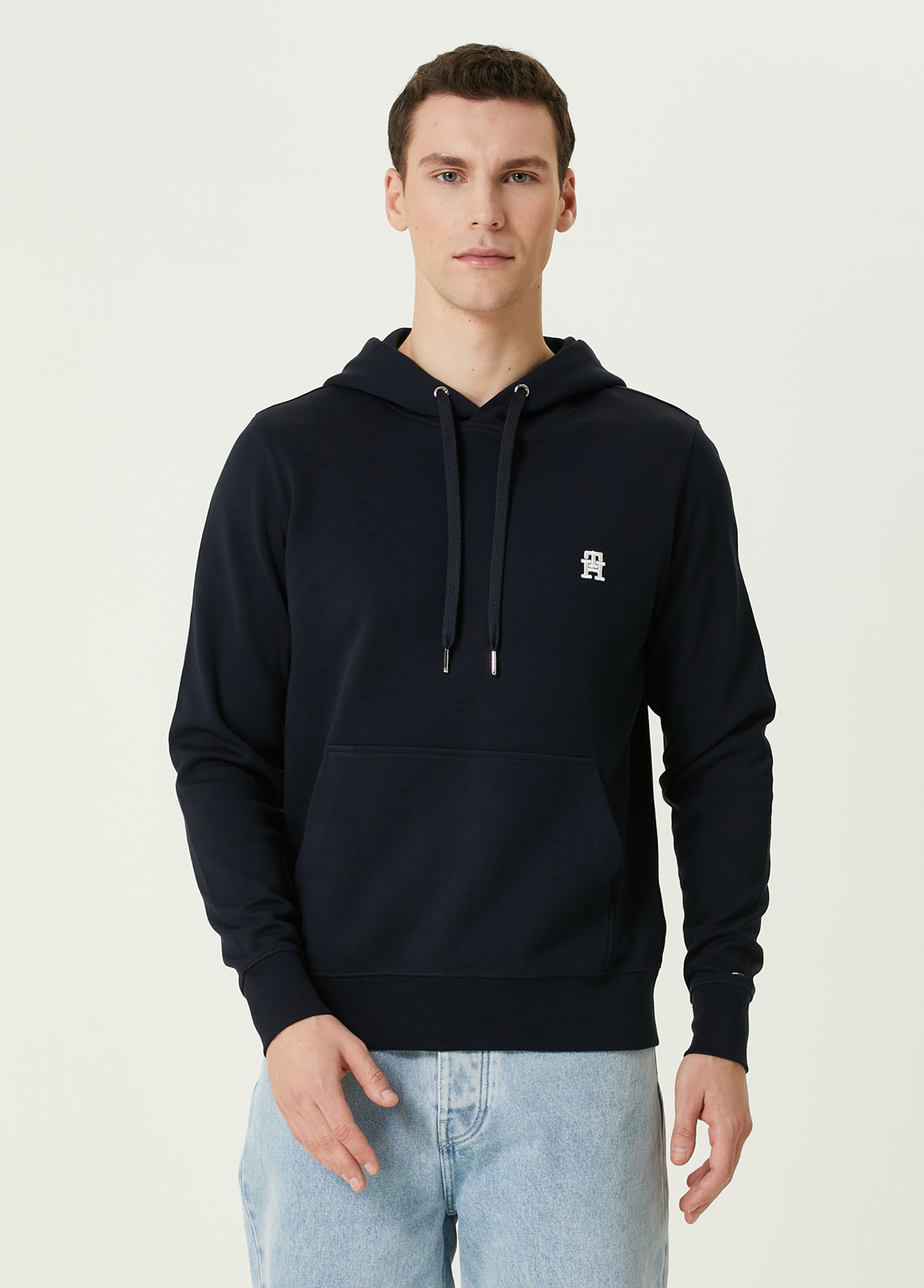 Koyu Mavi Kapüşonlu Logo Nakışlı Sweatshirt