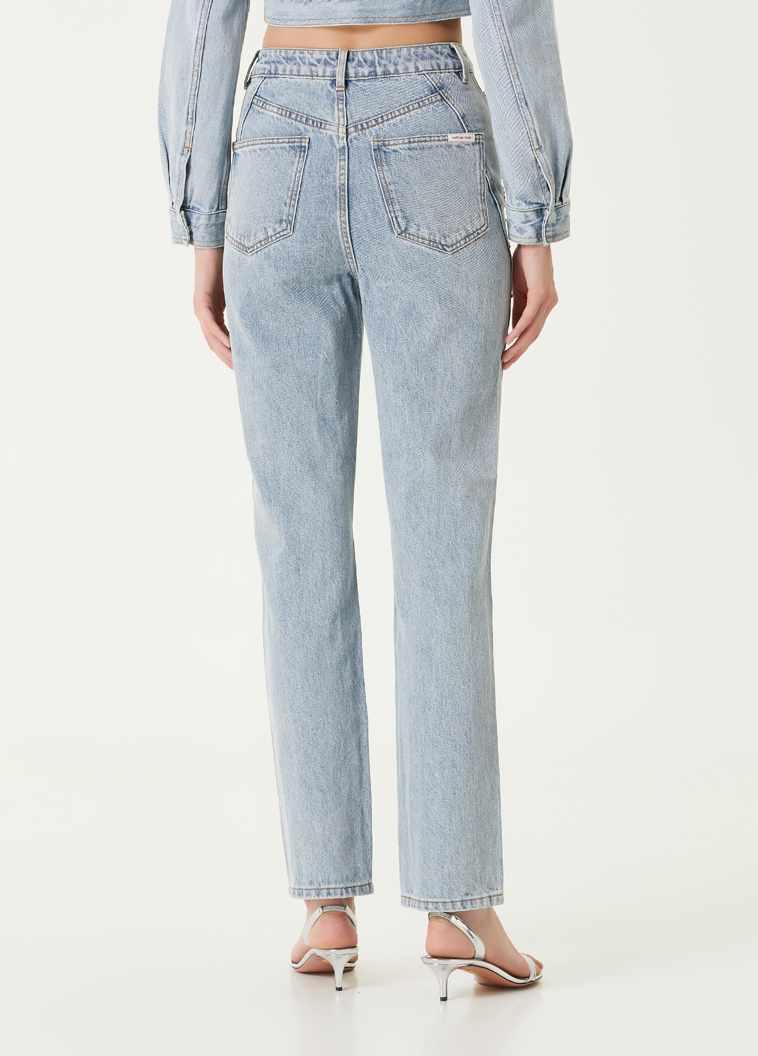 Self Portrait - Blue Embellished Straight Leg Jeans