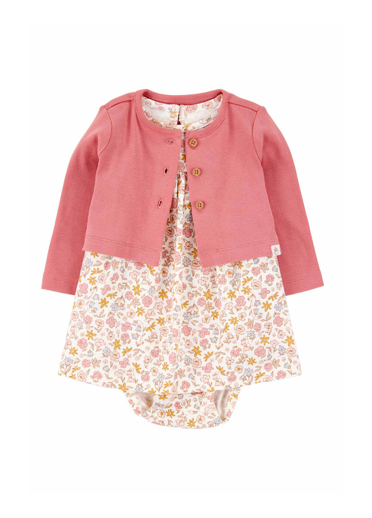 Pembe Hırka ve Çiçek Desenli Elbise Kız Bebek 2'li Set