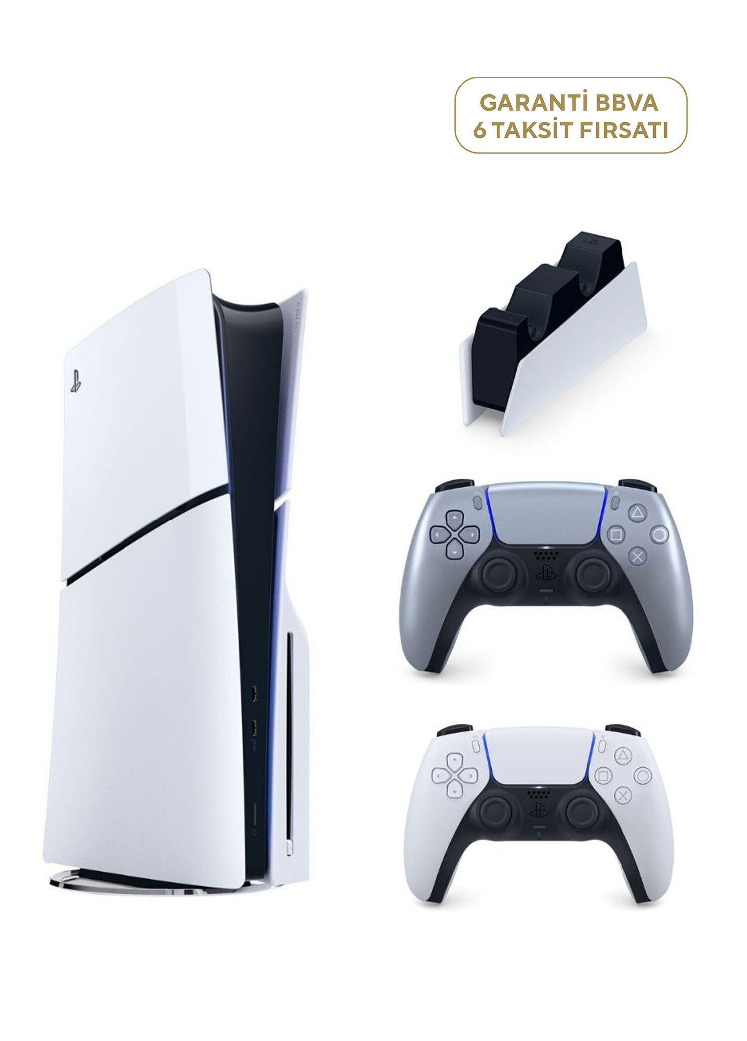 PlayStation 5 1 TB Slim CD Edition Oyun Konsolu + 2. PS5 Kol Sterling Silver + PS5 Şarj İstasyonu