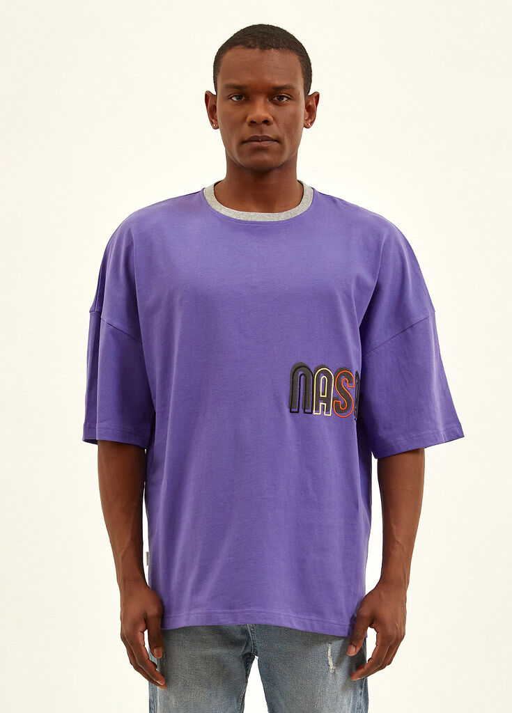 Düşük Omuzlu Mor Oversize T-shirt