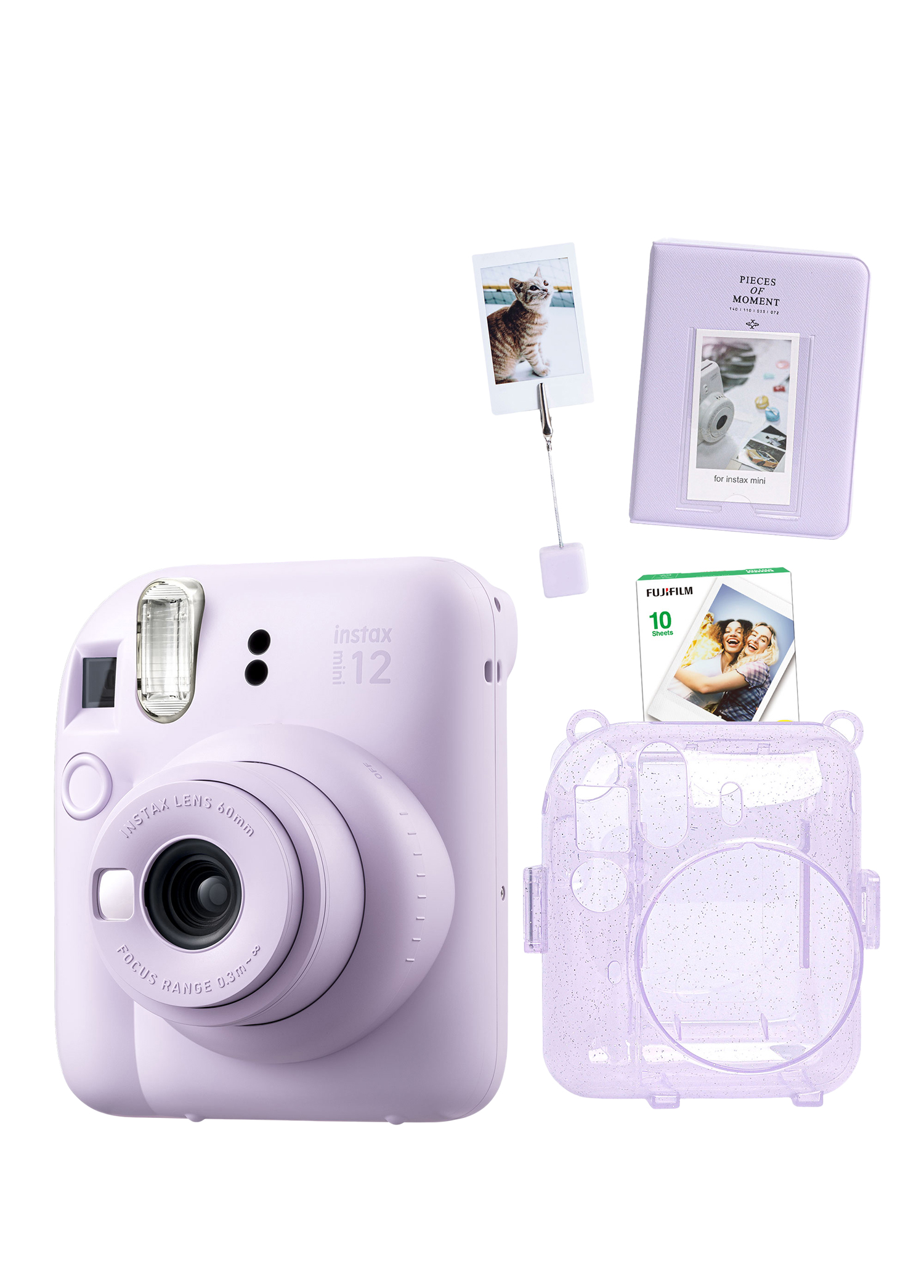 Instax Mini 12 Lila Fotoğraf Makinesi + 10’lu Film Kıskaçlı Stand PVC Albüm ve Simli Pleksi Kılıflı