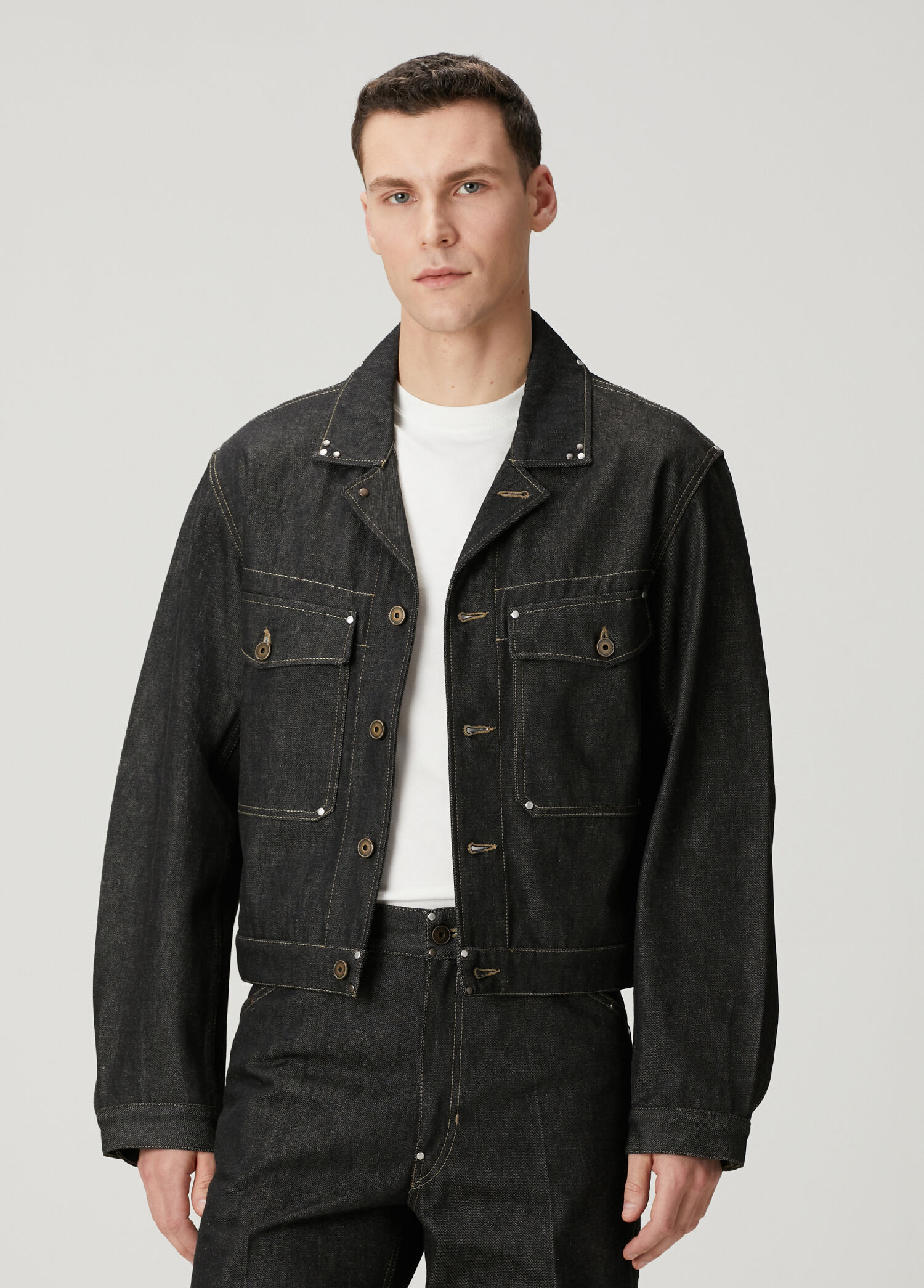 Koyu Gri Kontrast Dikişli Denim Ceket