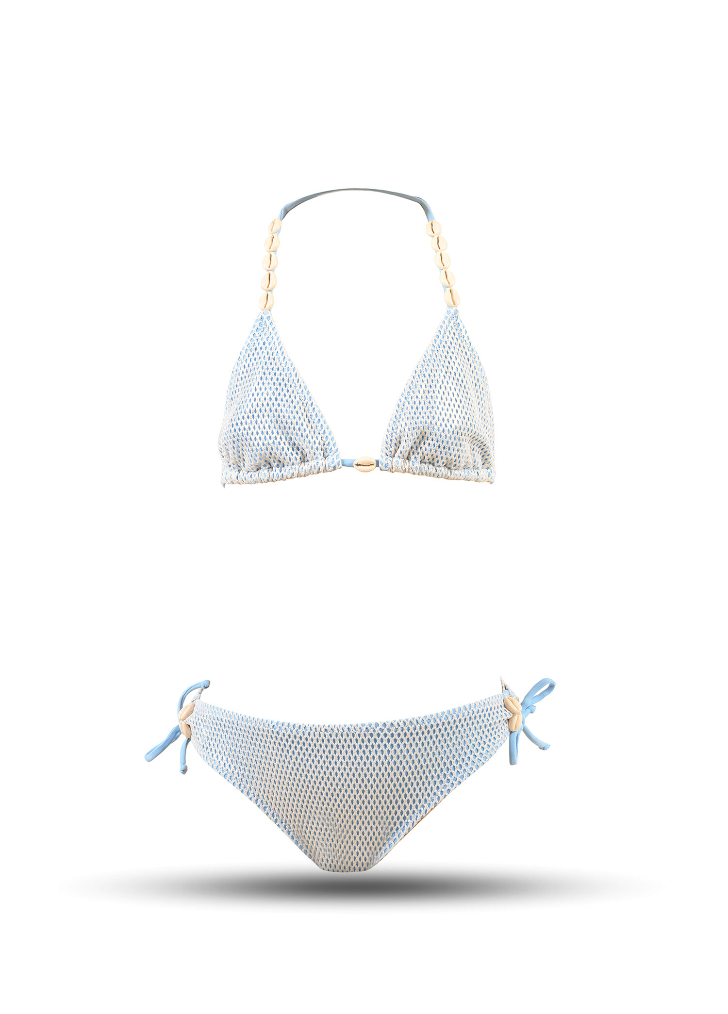 Üçgen Mesh Tasarım Midye Detaylı Askılı Kız Çocuk Bikini Takımı