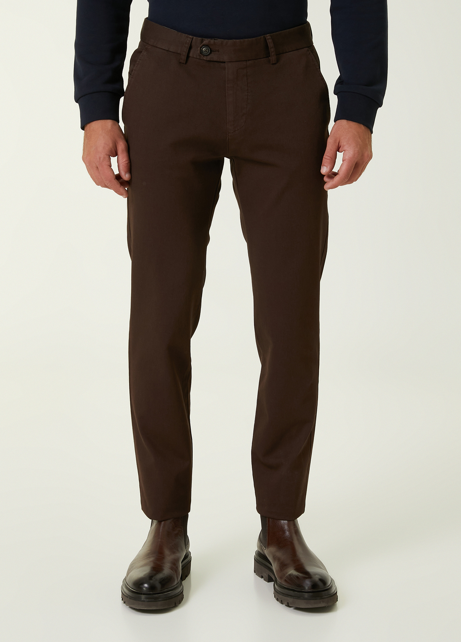 Slim Fit Kahverengi Panama Dokulu Chino Pantolon_1
