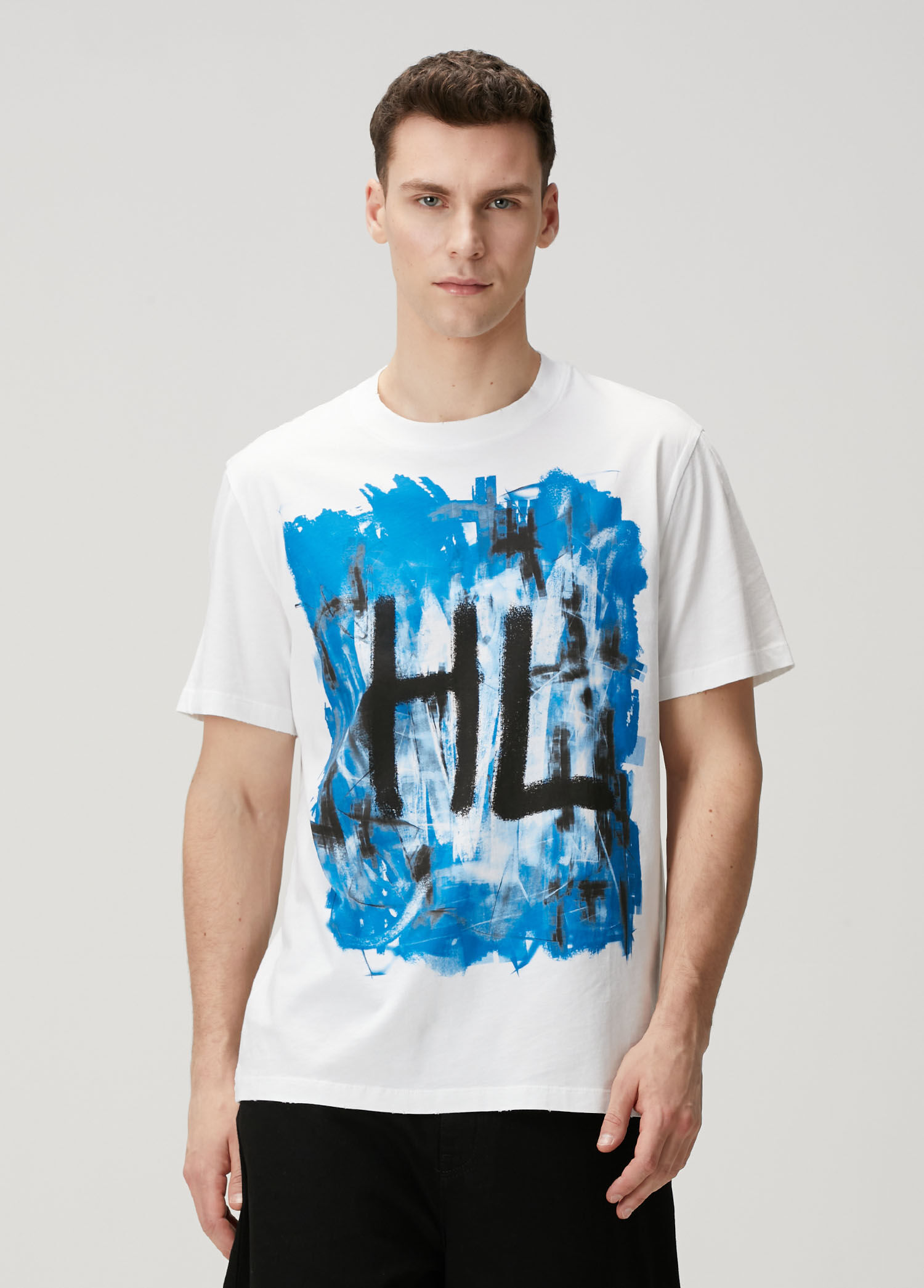 Helmut Lang - Mavi Beyaz Logo Baskılı T-shirt - Mavi-Beyaz