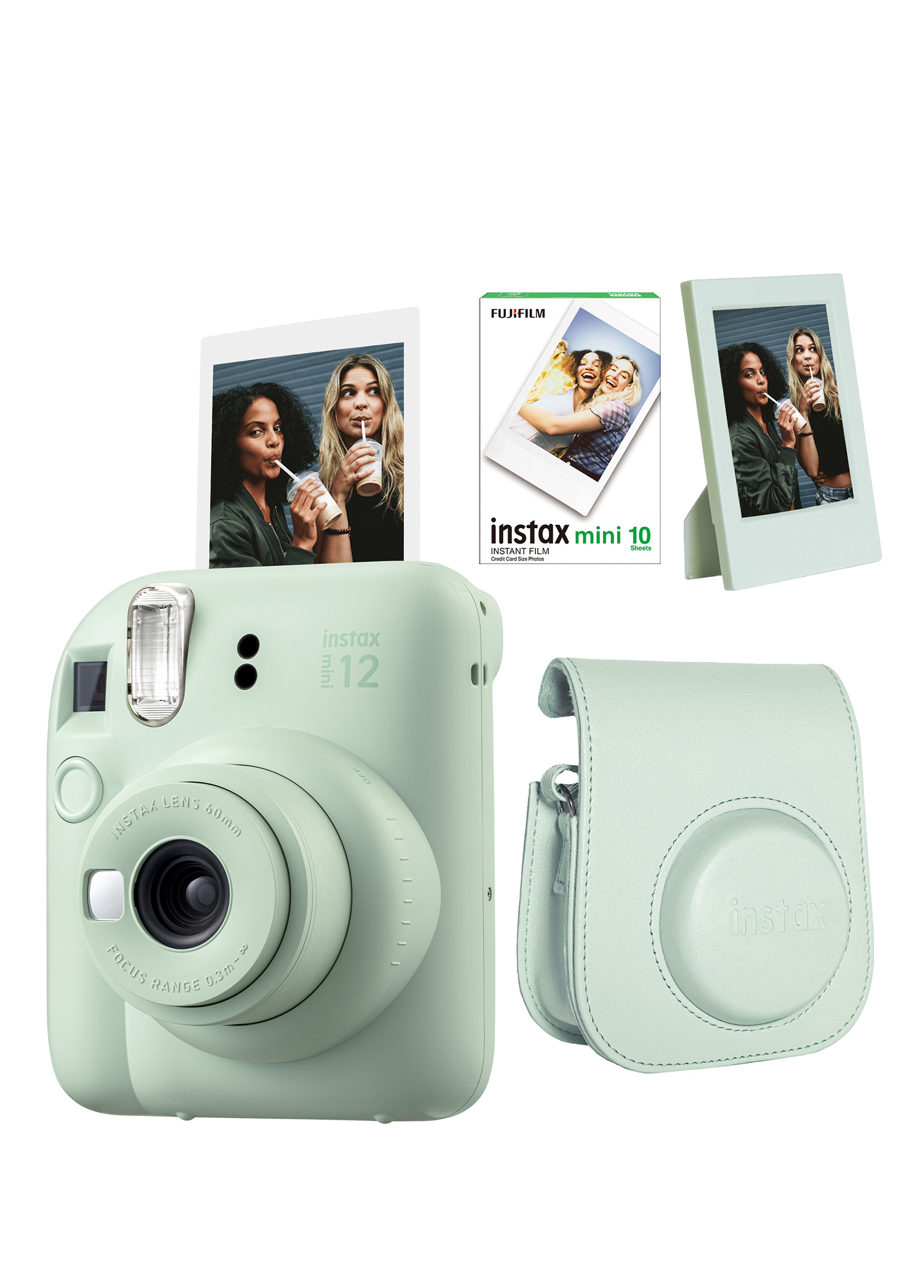 Instax Mini 12 Yeşil Fotoğraf Makinesi + 10'lu Film-Çerçeve ve Deri Kılıf Seti