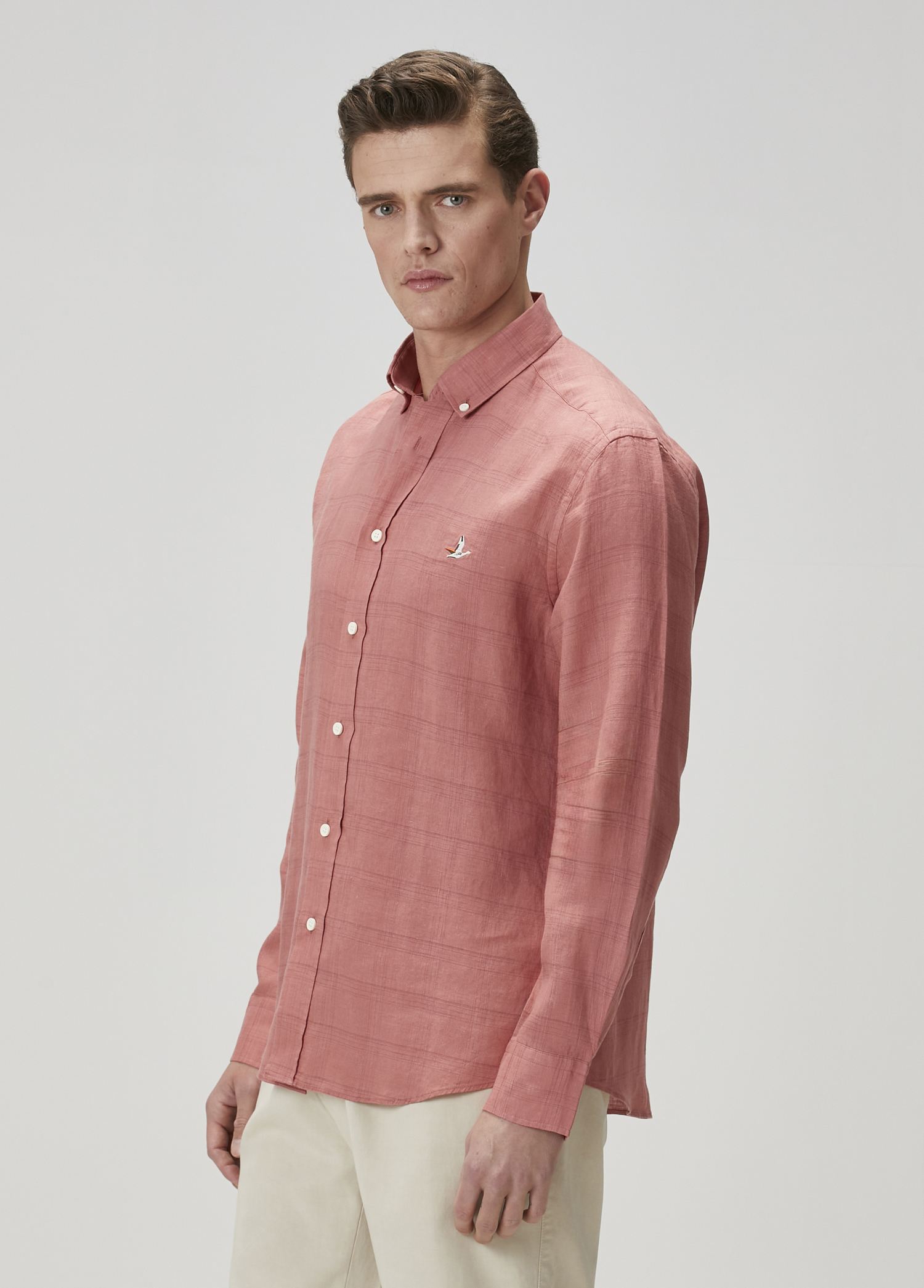 Comfort Fit Koyu Pembe Ekose Desenli Keten Gömlek_3