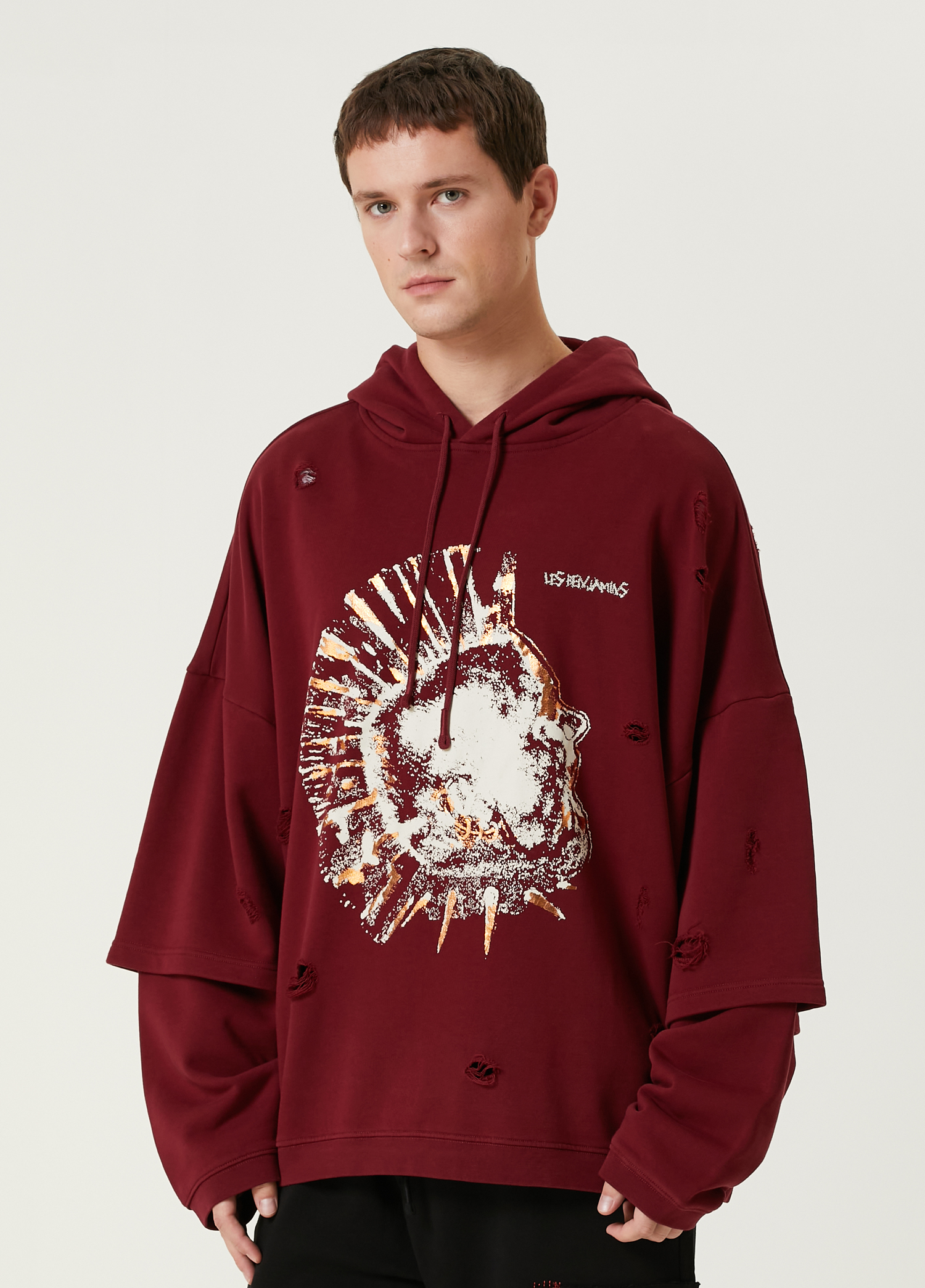 Bordo Kapüşonlu Yıpratma Detaylı Sweatshirt