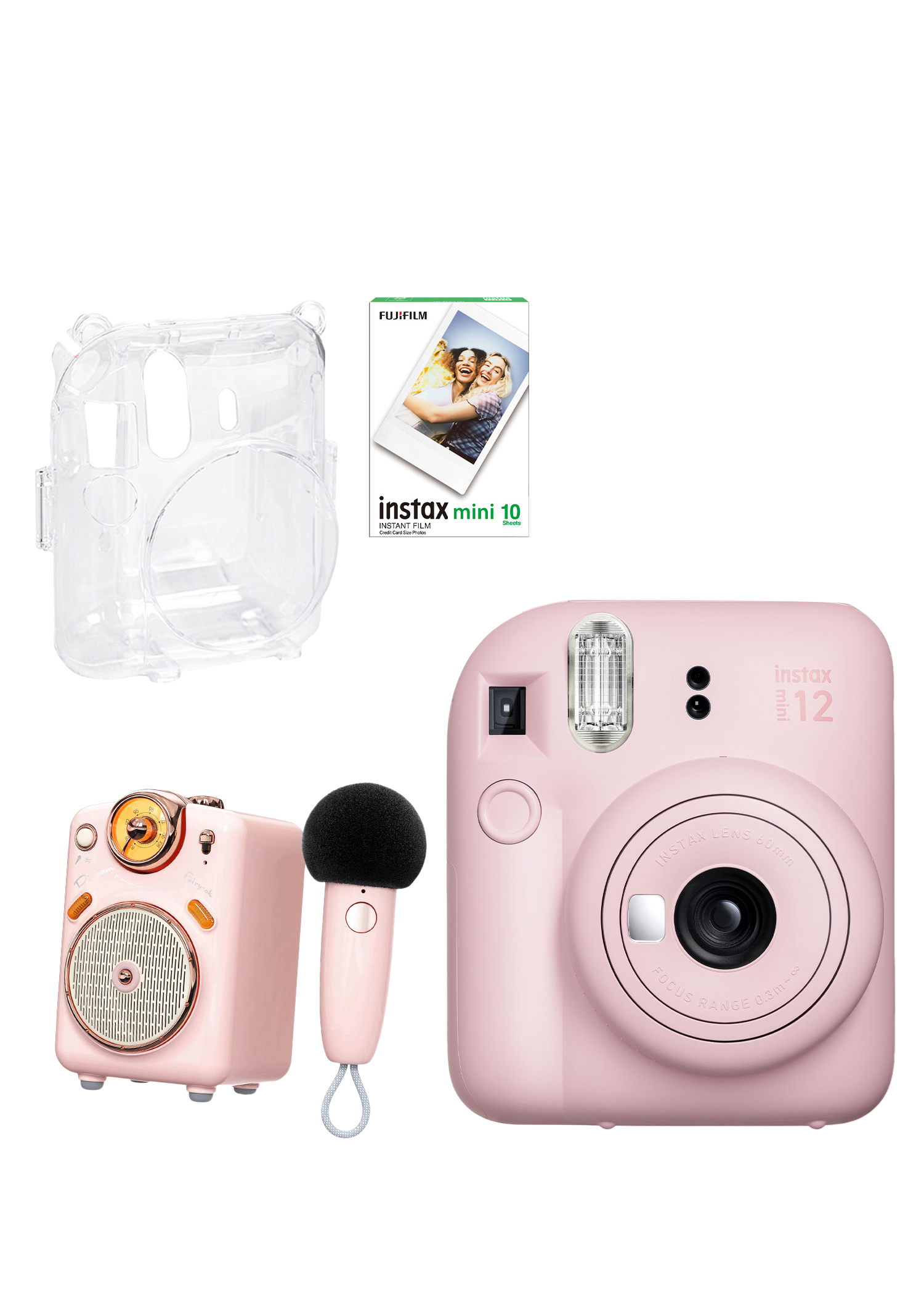 Instax Mini 12 Pembe Fotoğraf Makinesi + 10'lu Film Şeffaf Kılıf ve Divoom Fairy OK Pembe Karaoke Mikrofonlu FM Radyolu Bluetooth Hoparlör Seti