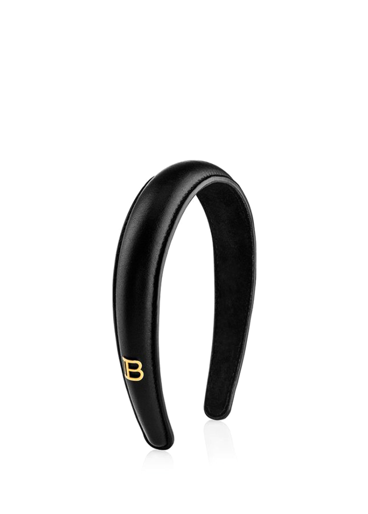 Leather Puffed Headband With Gold Plated Logo Siyah Deri Kadın Taç
