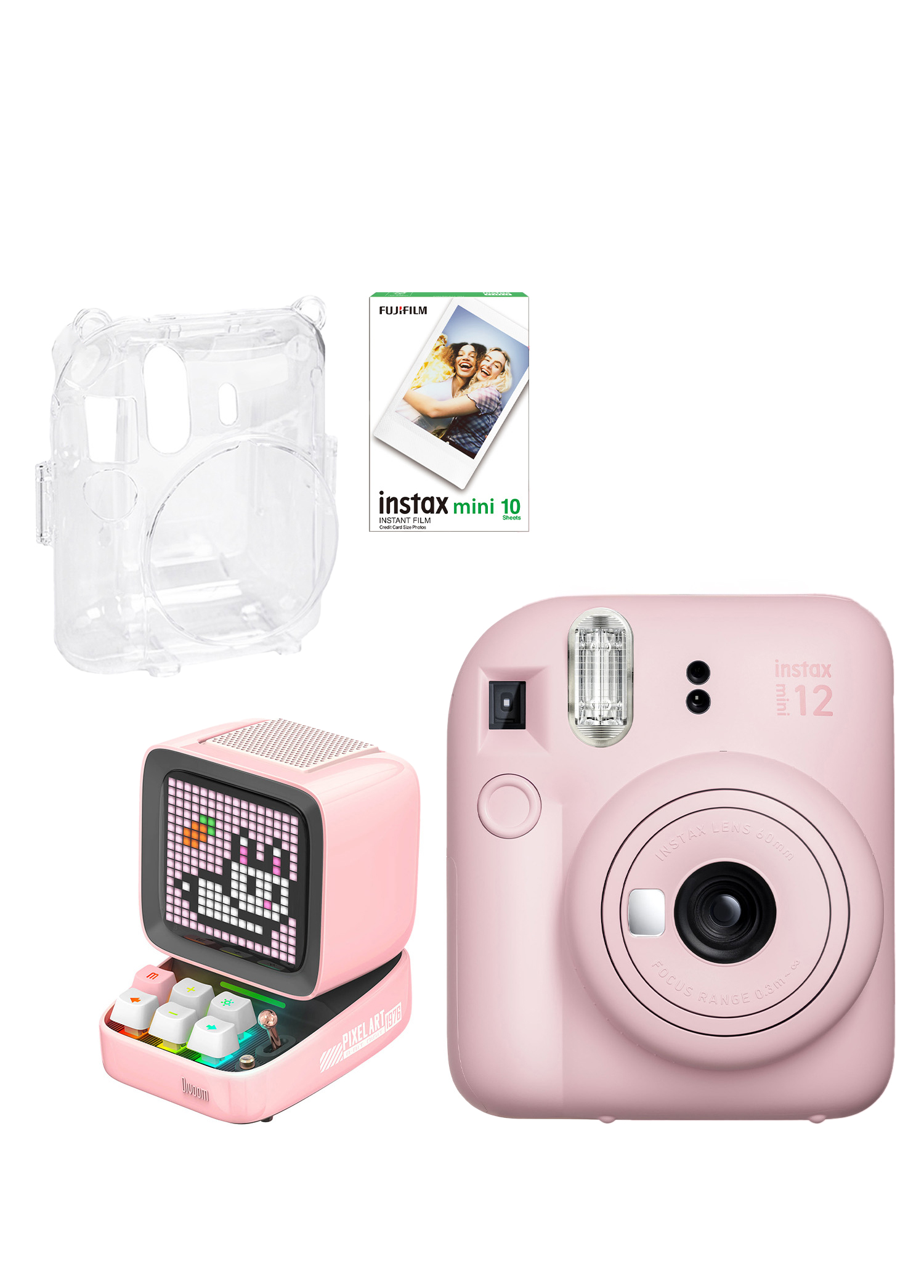 Instax Mini 12 Pembe Fotoğraf Makinesi + 10'lu Film Şeffaf Kılıf ve Divoom Ditoo Pro Pembe Uyarlanabilir Piksel Ekranlı Bluetooth Hoparlör Seti