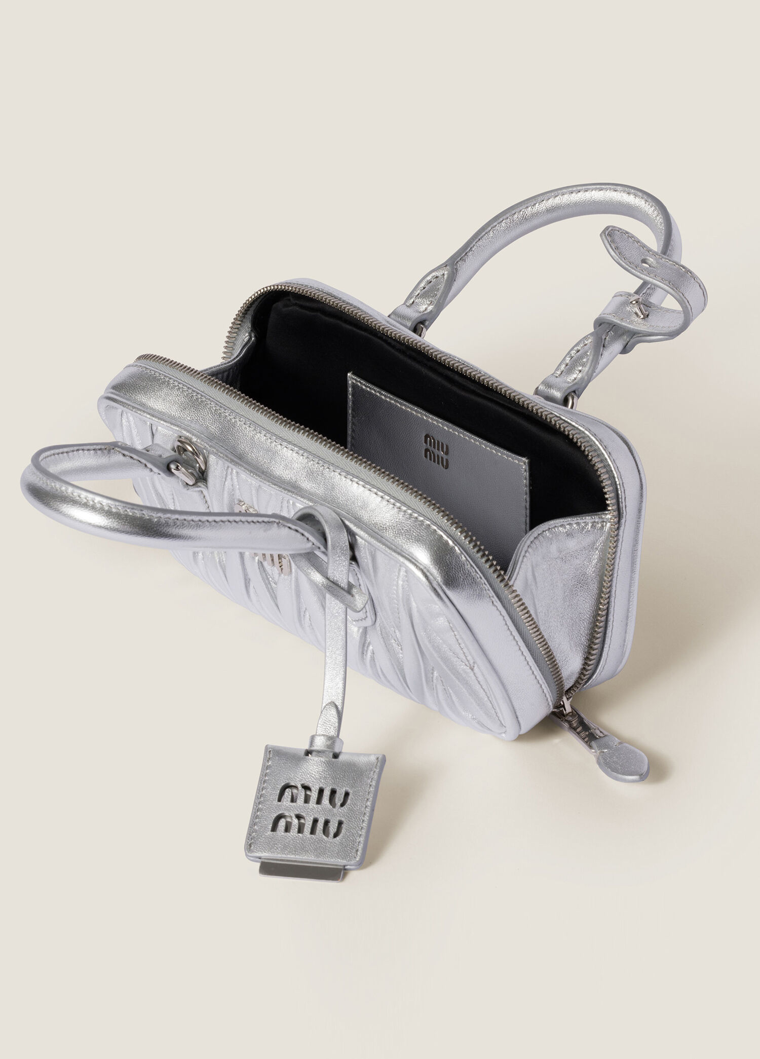 miu miu シルバー　ミニバッグ Miu Miu - Arcadie Matelassé Silver Nappa Leather Mini Women's Handbag