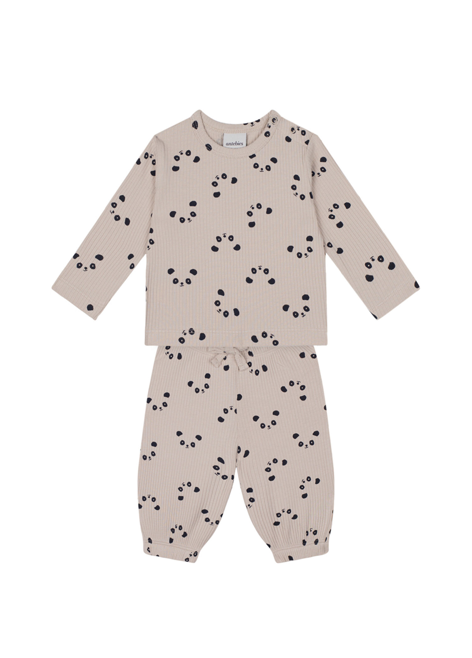 Krem Panda Desenli Uzun Kollu Tshirt ve Pantolon Unisex Bebek 2'li Set