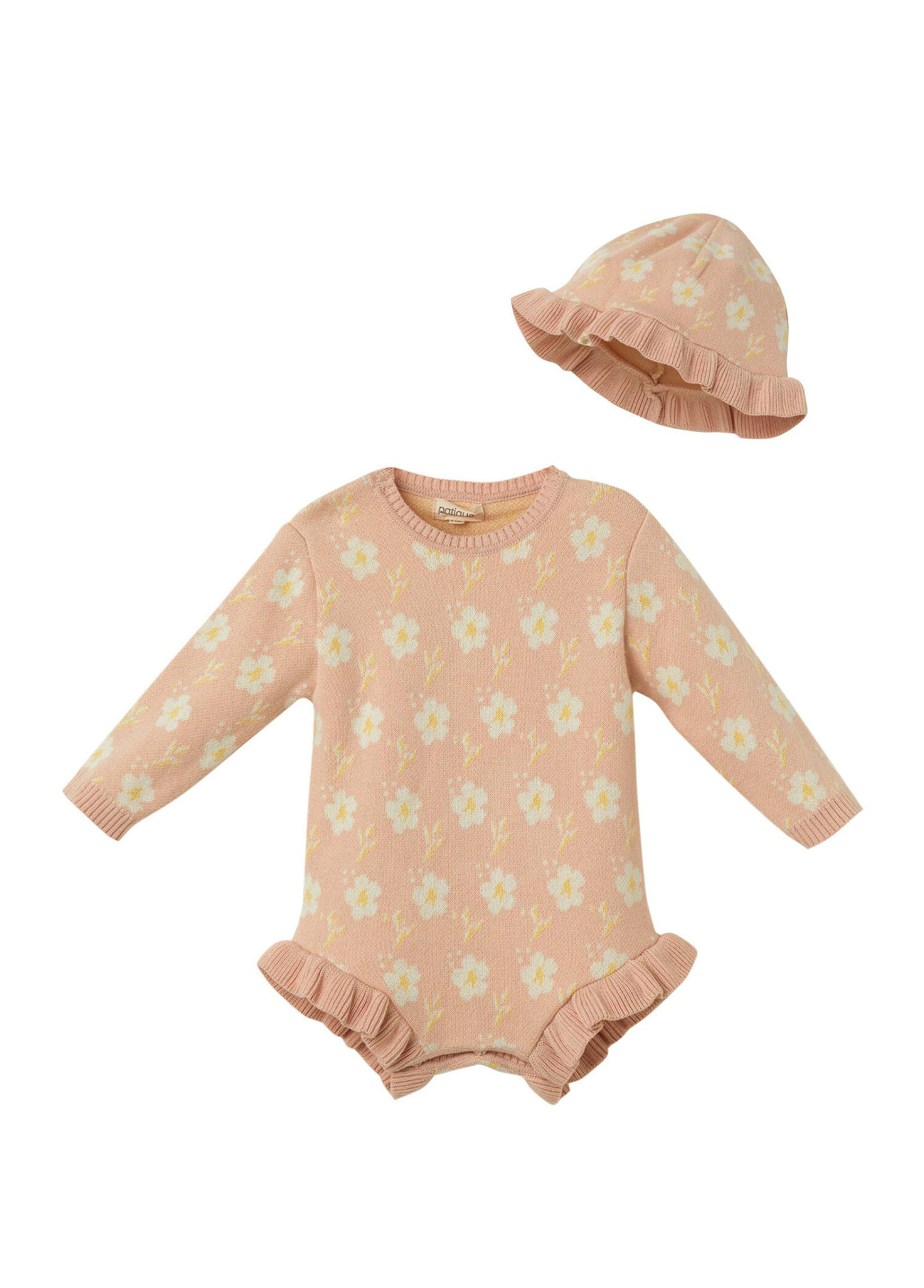 Pembe Organik Pamuk Çiçekli Tulum ve Şapka Kız Bebek 2'li Set