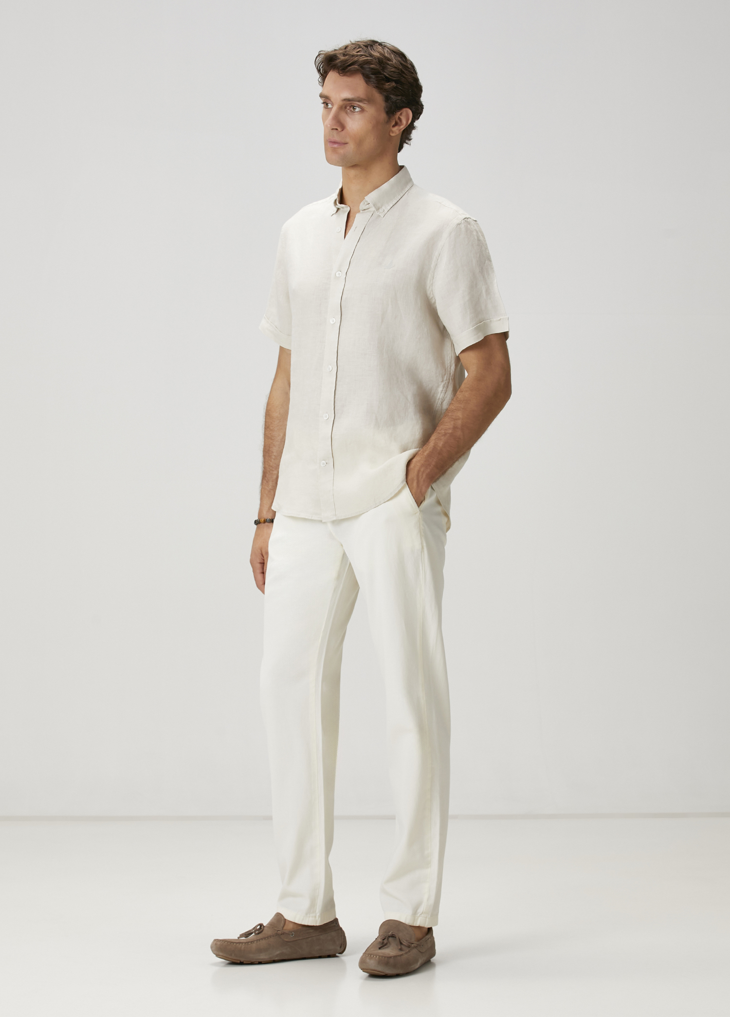 Comfort Fit Taş Kısa Kollu Keten Gömlek_2