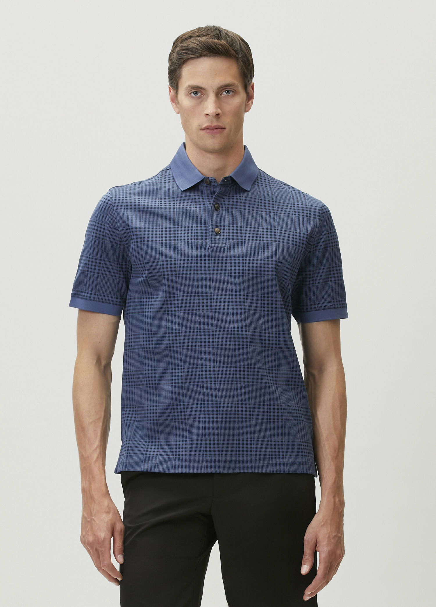Açık Mavi Polo Yaka Ekose Desenli T-shirt