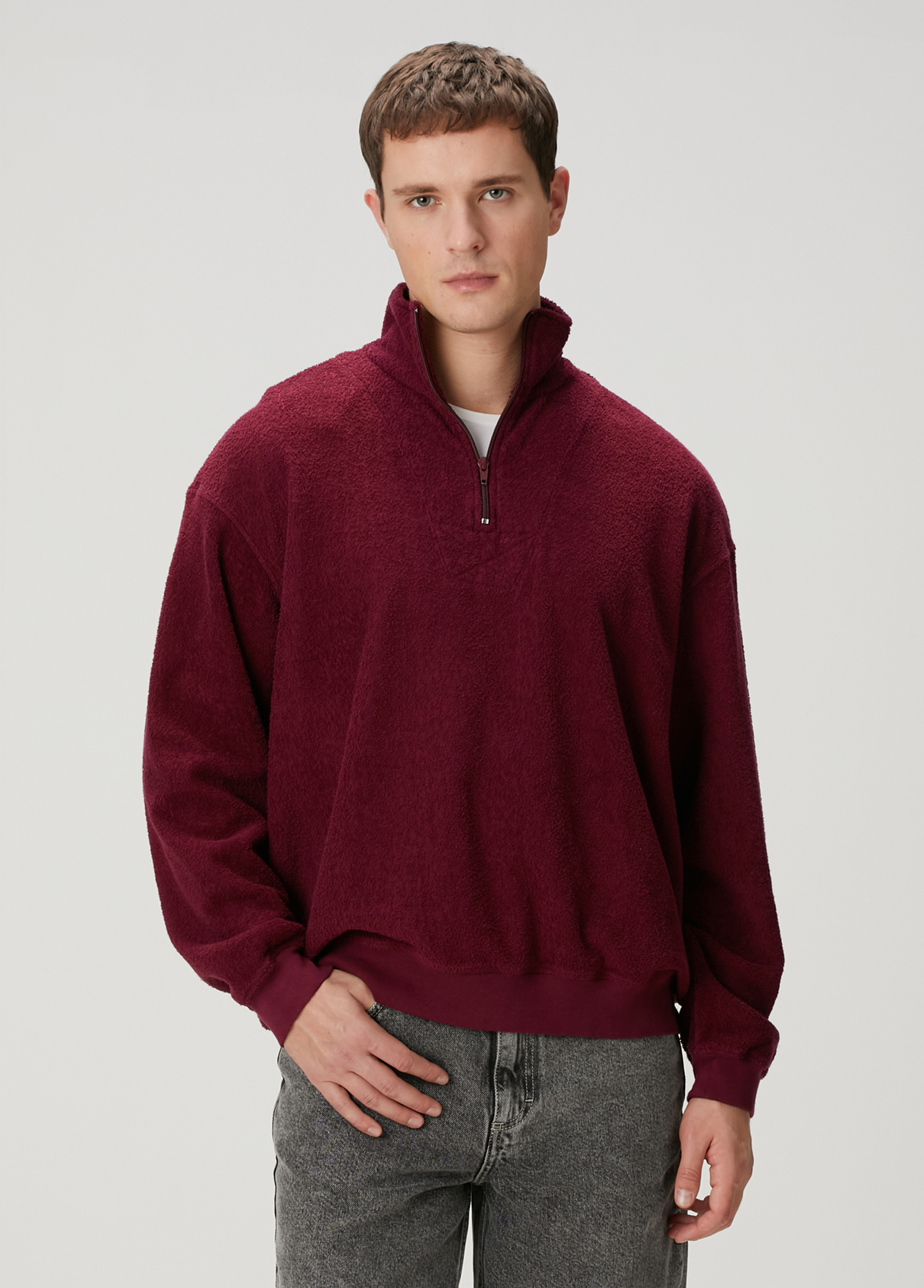 Bordo Yakası Fermuarlı Teddy Sweatshirt