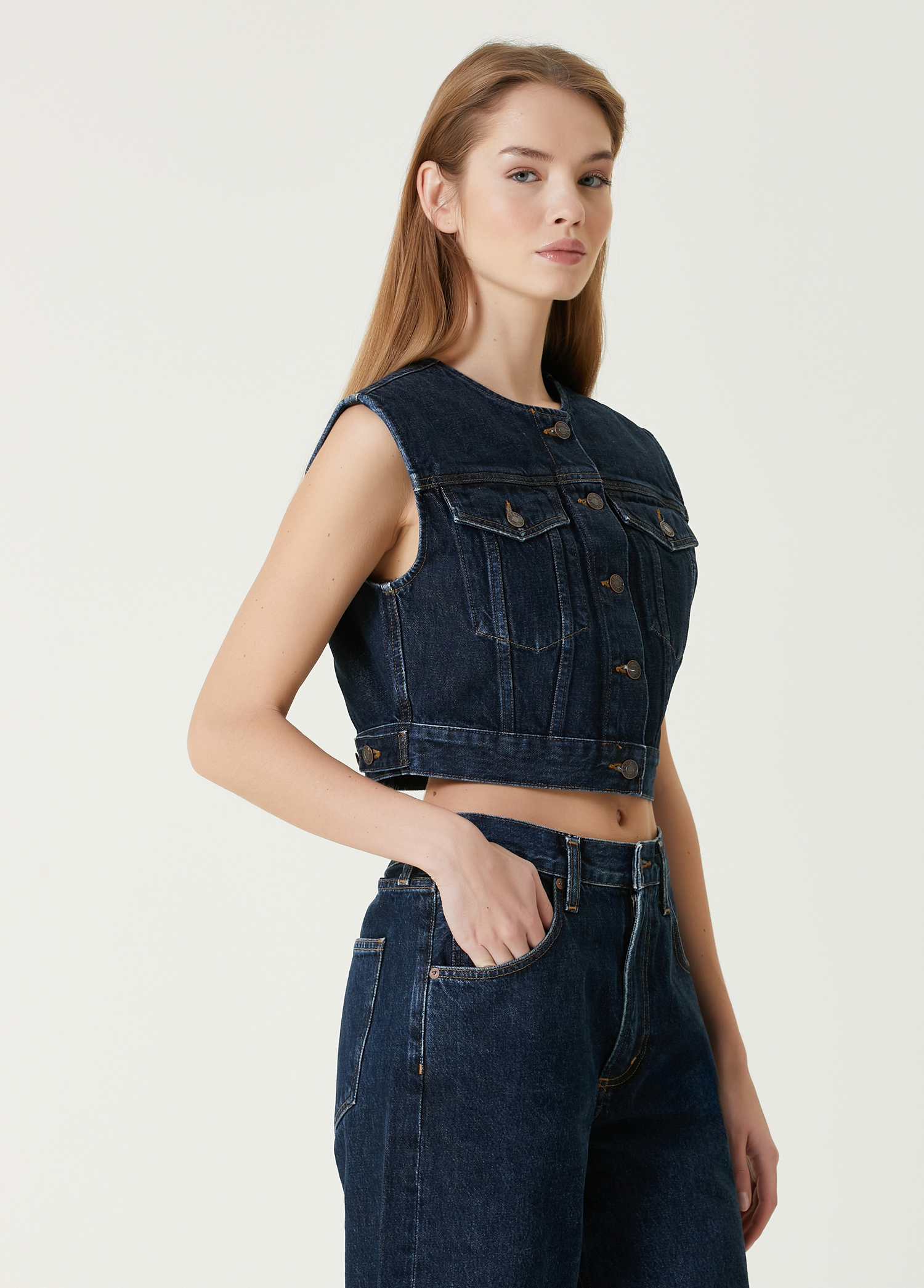 Leo Lacivert Crop Denim Yelek