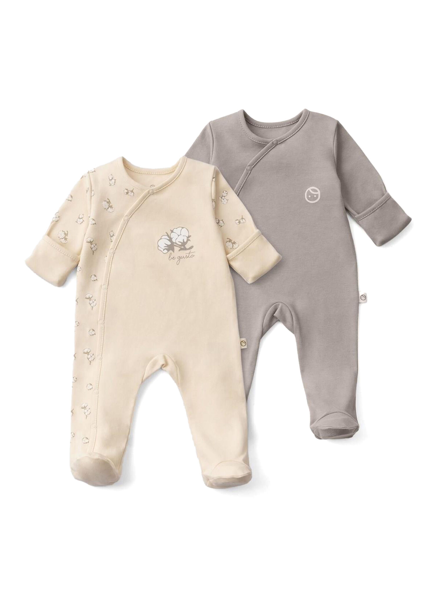 Bej Kahverengi Organik Pamuk Desenli Eldivenli Patikli Unisex Bebek 2'li Tulum Set