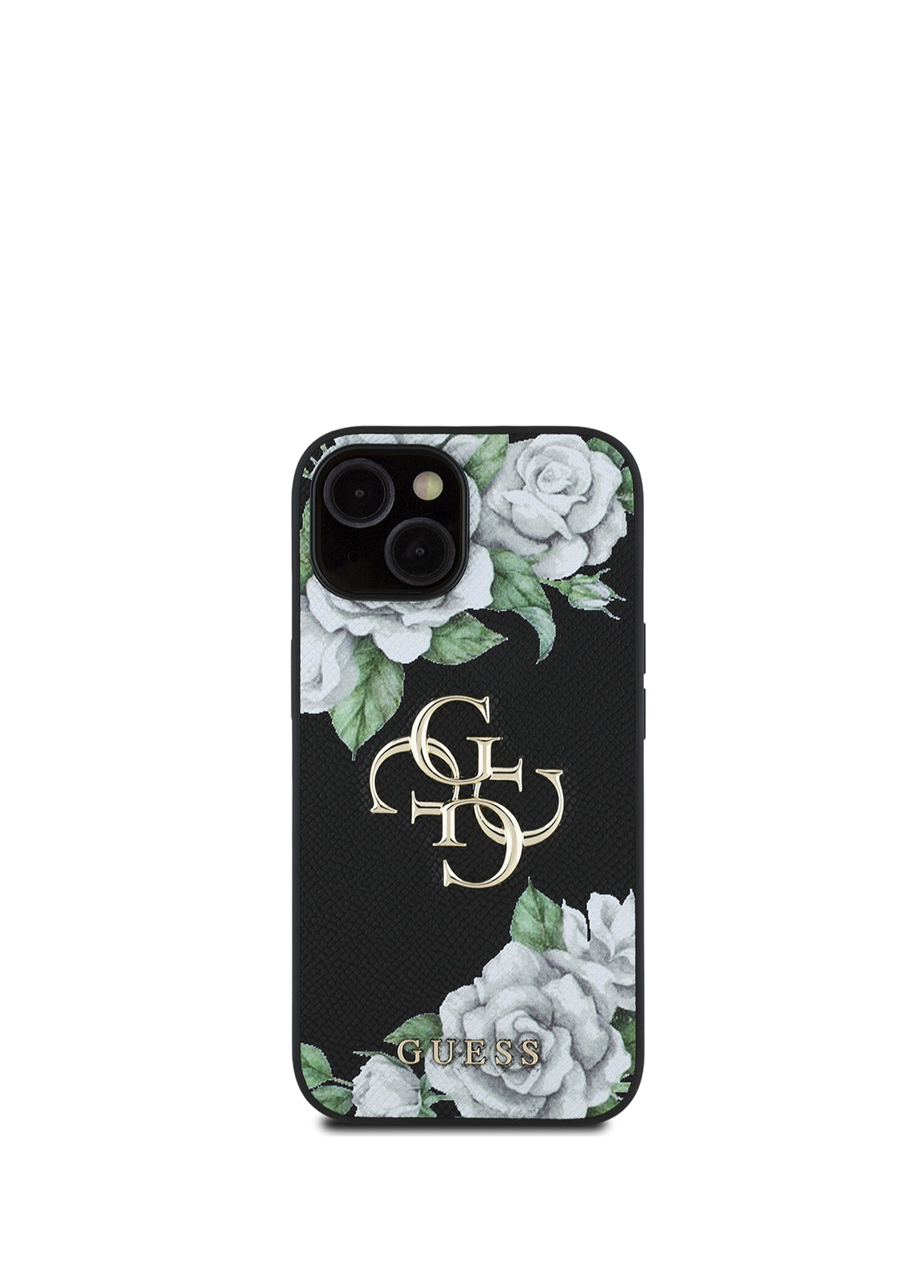 Guess - iPhone 15 Gül Baskılı Büyük Metal Logo Dizaynlı Telefon Kılıfı - Siyah