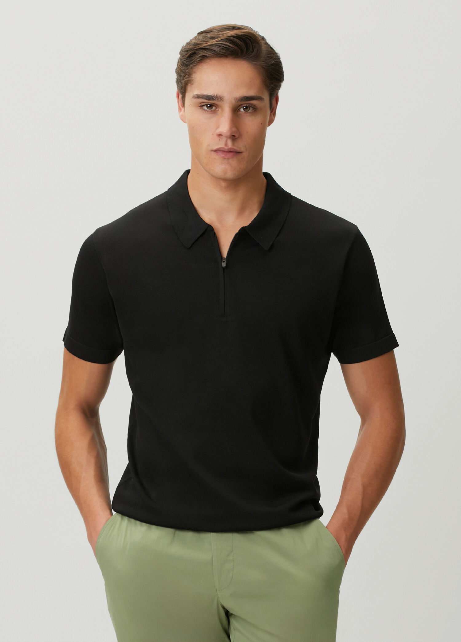 Custom Fit Devon Siyah Polo Yaka Kısa Kollu Triko