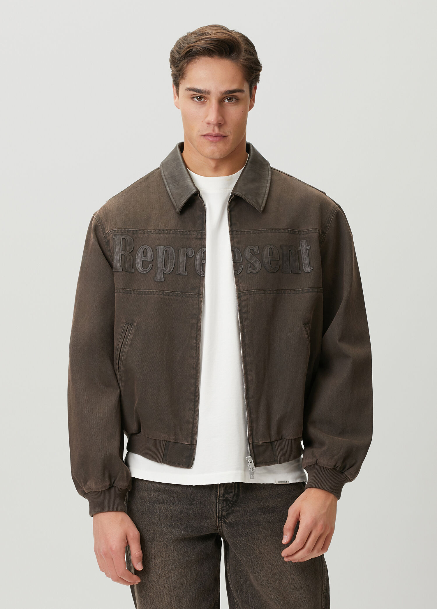 Kahverengi Logo Nakışlı Denim Mont