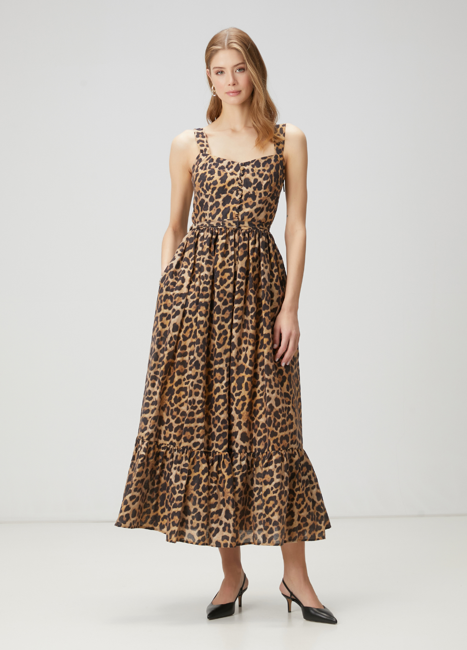 Kahverengi Leopar Desenli Midi Elbise