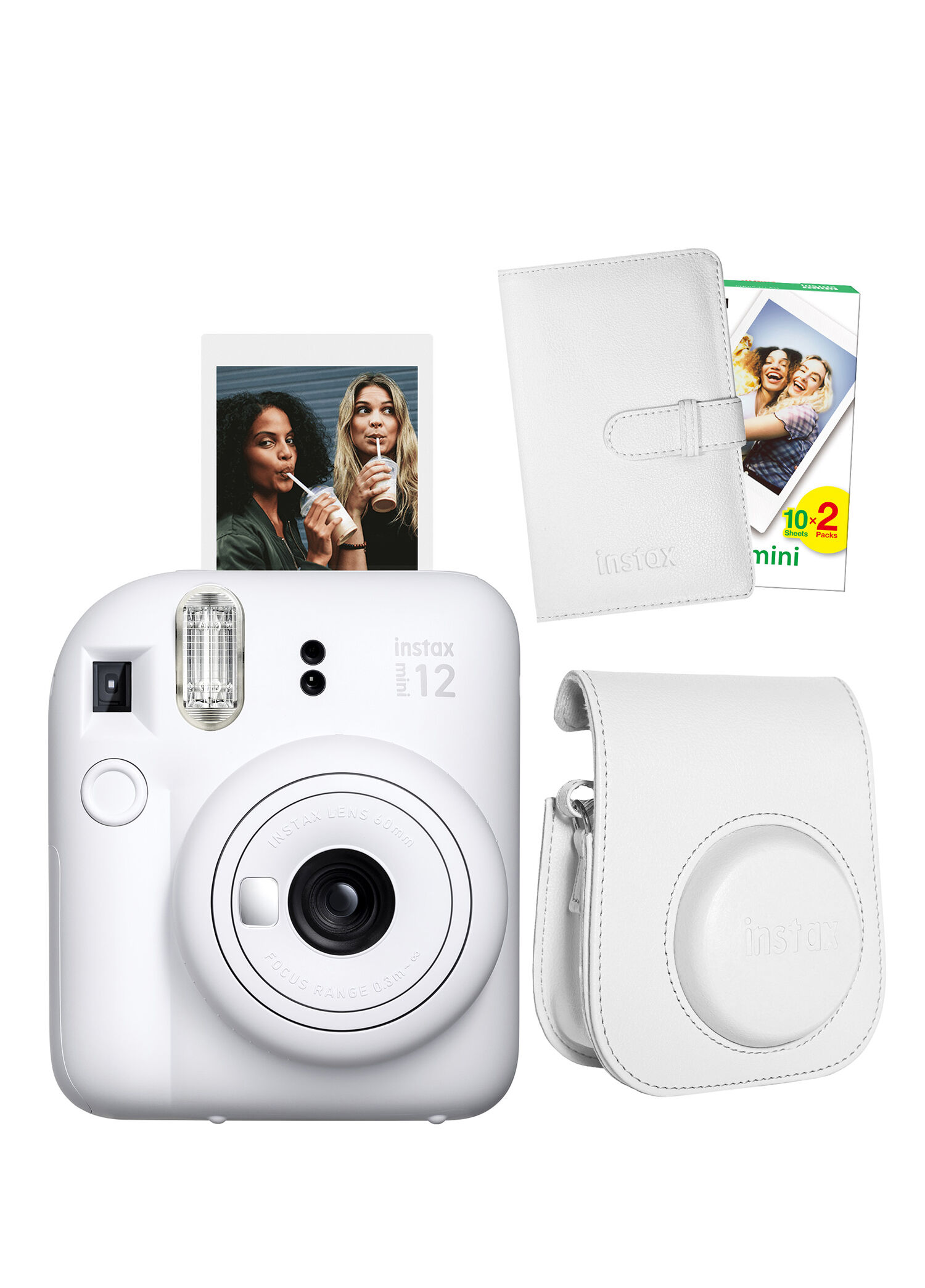 Instax Mini 12 Beyaz Fotoğraf Makinesi + 20'li Film Laporta Albüm ve Deri Kılıf Seti