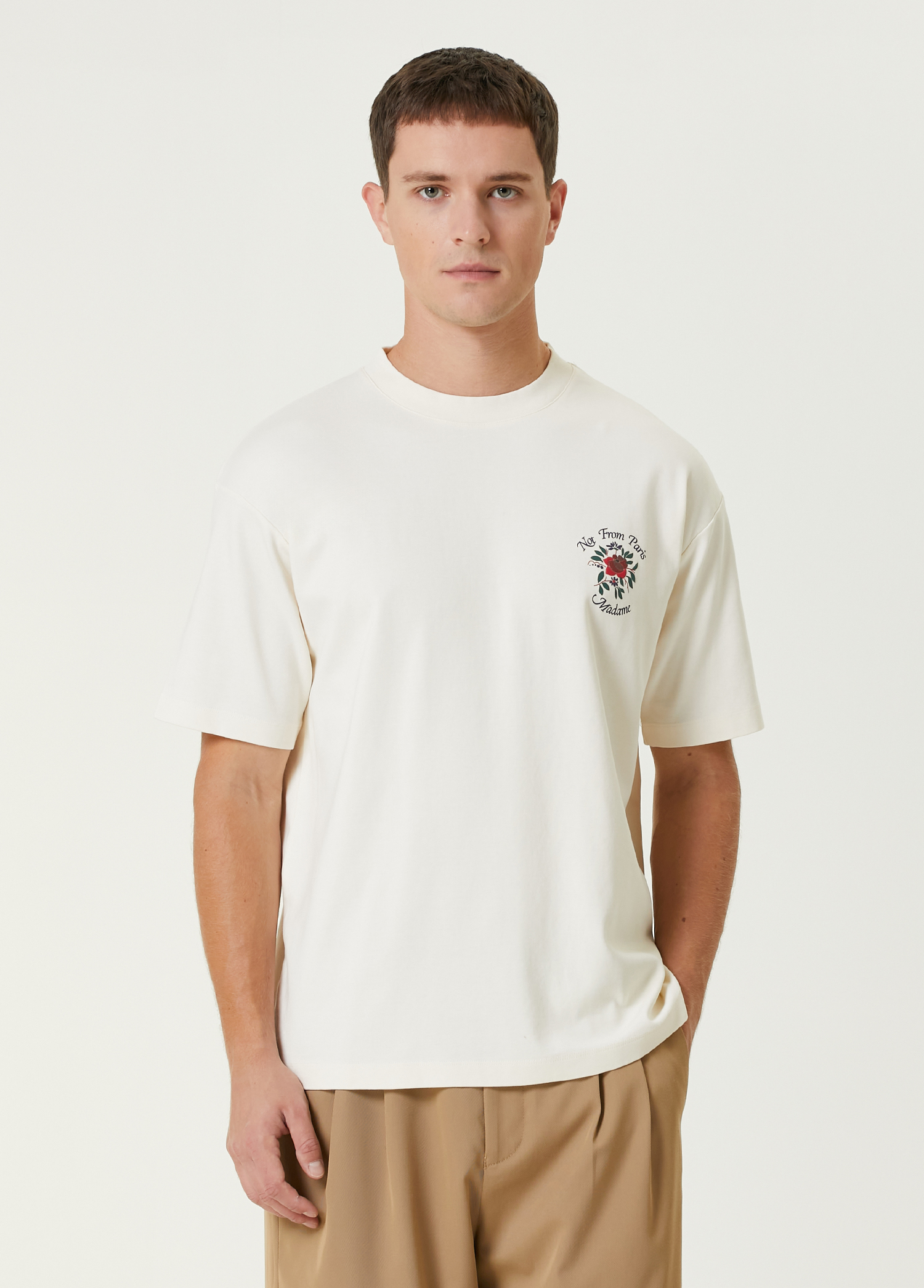 Krem Logo Baskılı T-shirt