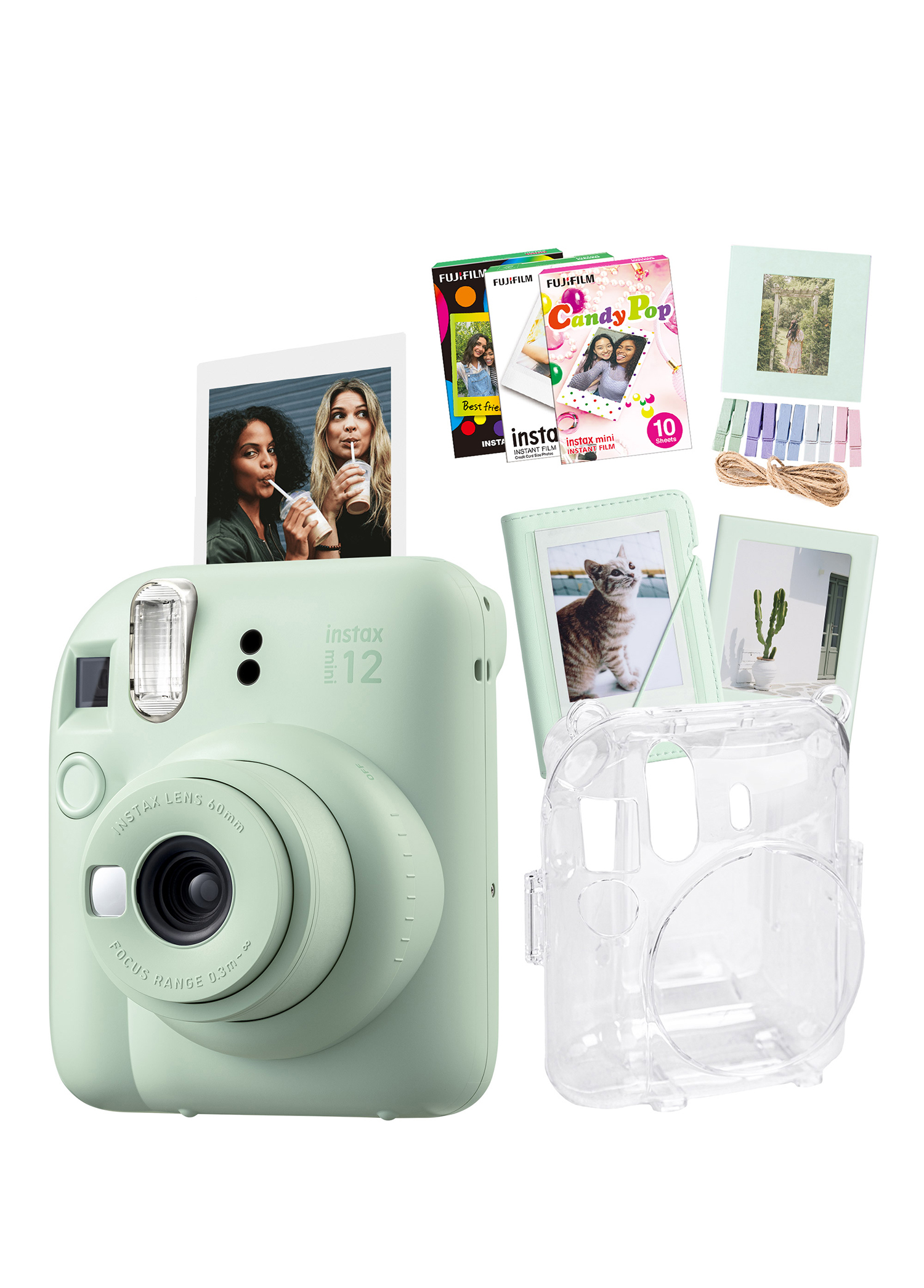 Instax mini 12 Yeşil Fotoğraf Makinesi + 30'lu Film Albüm-Mandal-Çerçeve ve Kılıf Mega Set 1