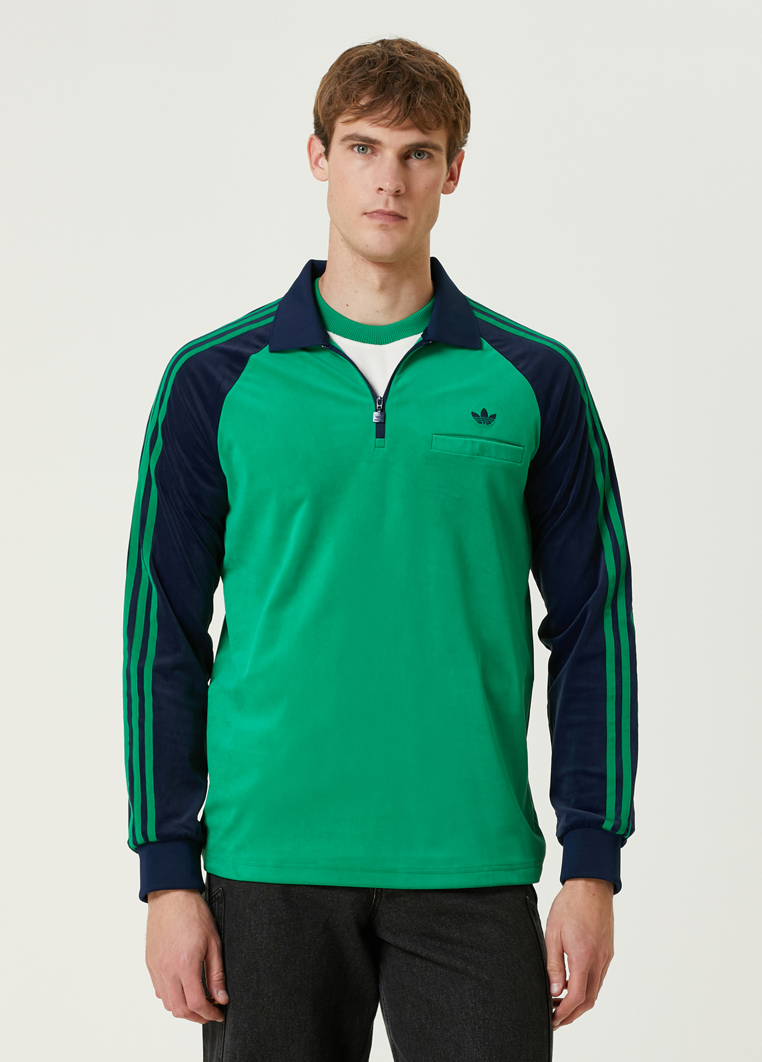 Velour Yeşil Polo Yaka Sweatshirt