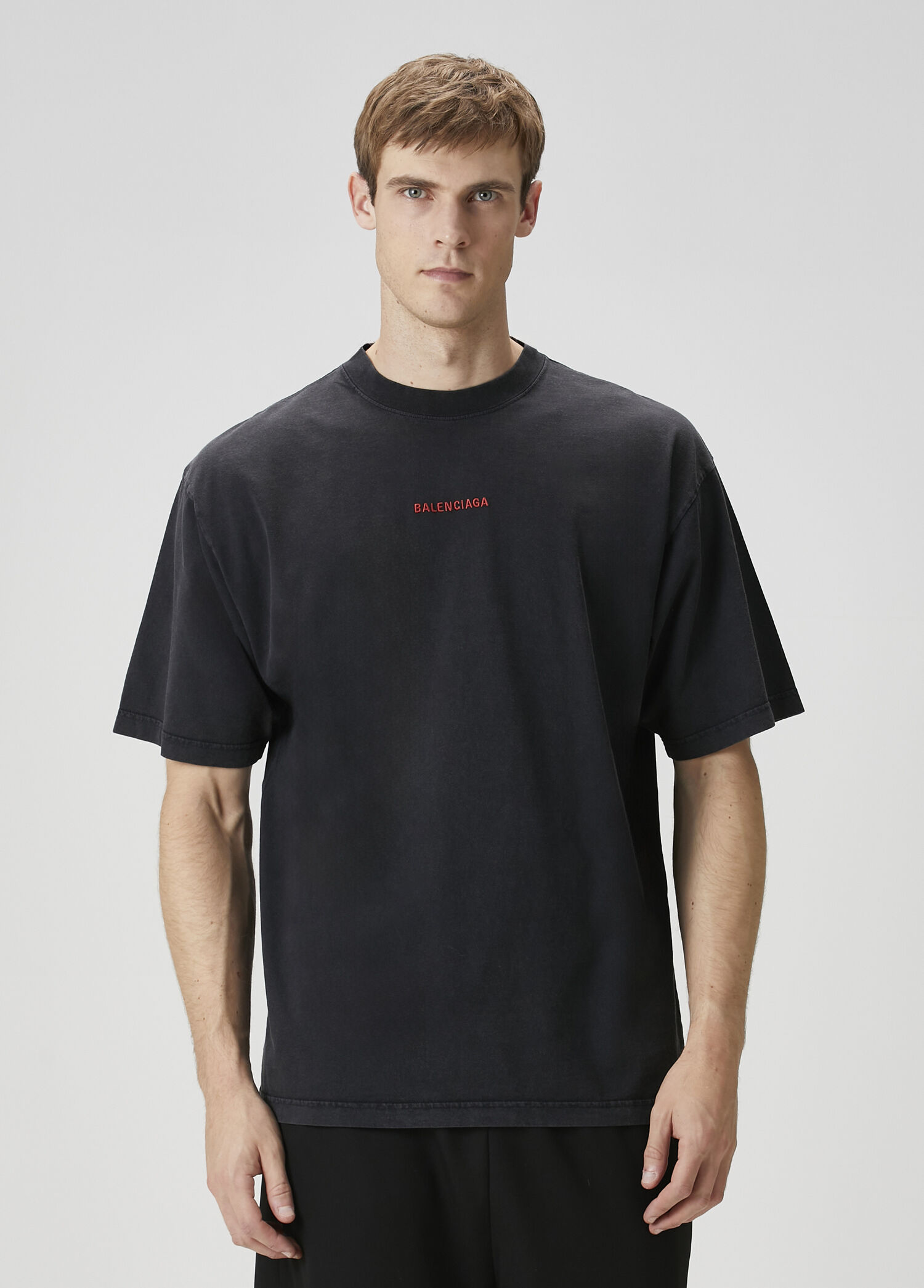 Black Balenciaga Black Men Medium Fit Black Logo Embroidered T