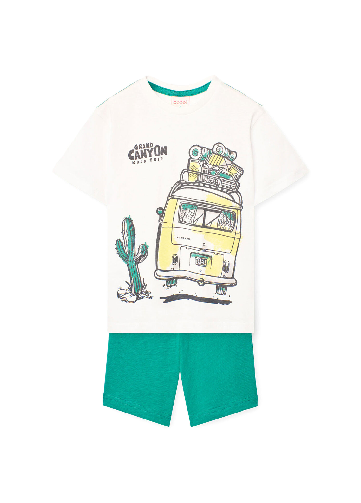 Beyaz Desenli Kısa Kollu T-Shirt ve Yeşil Şort Erkek Çocuk 2'li Set