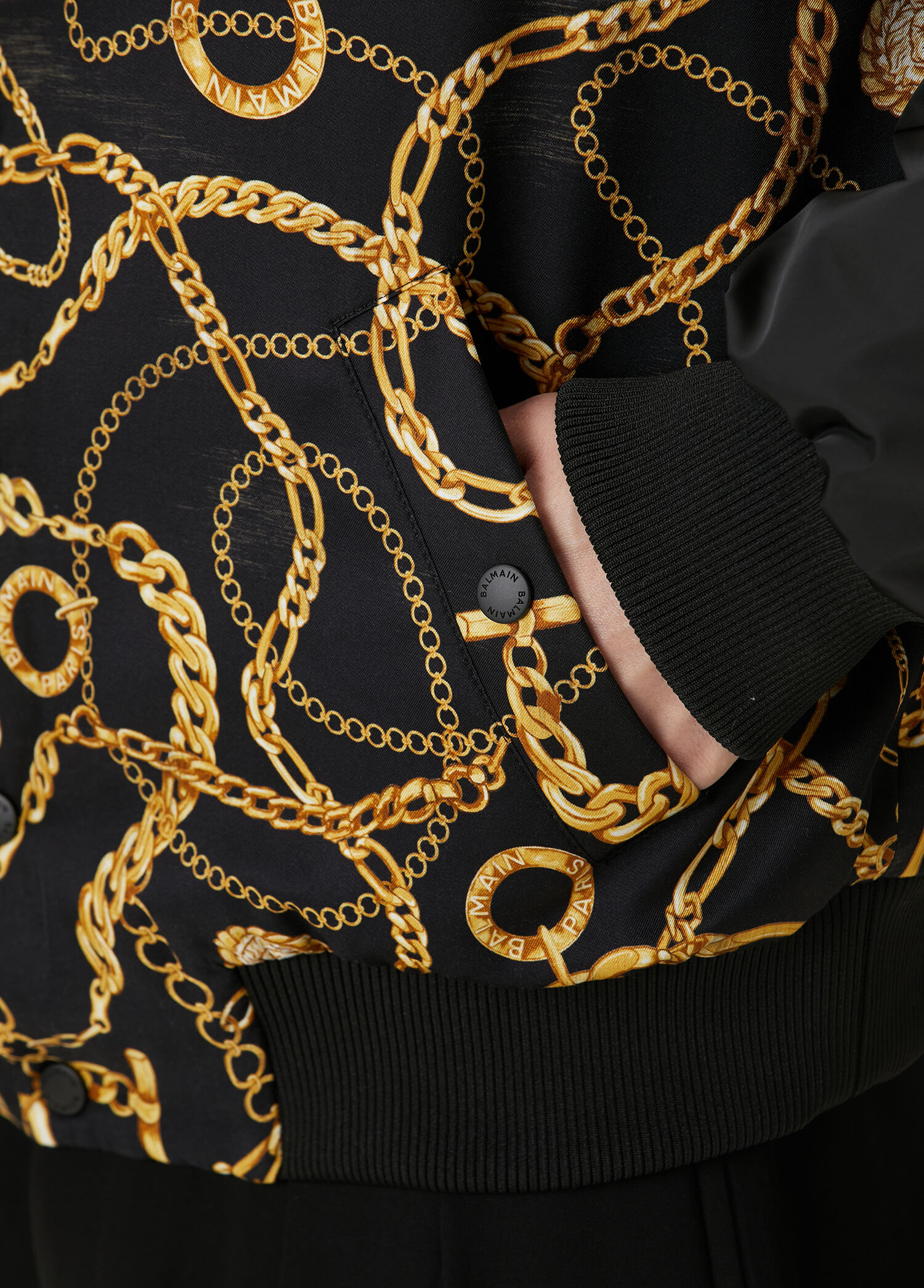 Balmain - Siyah Gold Desenli Çift Taraflı Bomber Mont - Siyah-Sarı