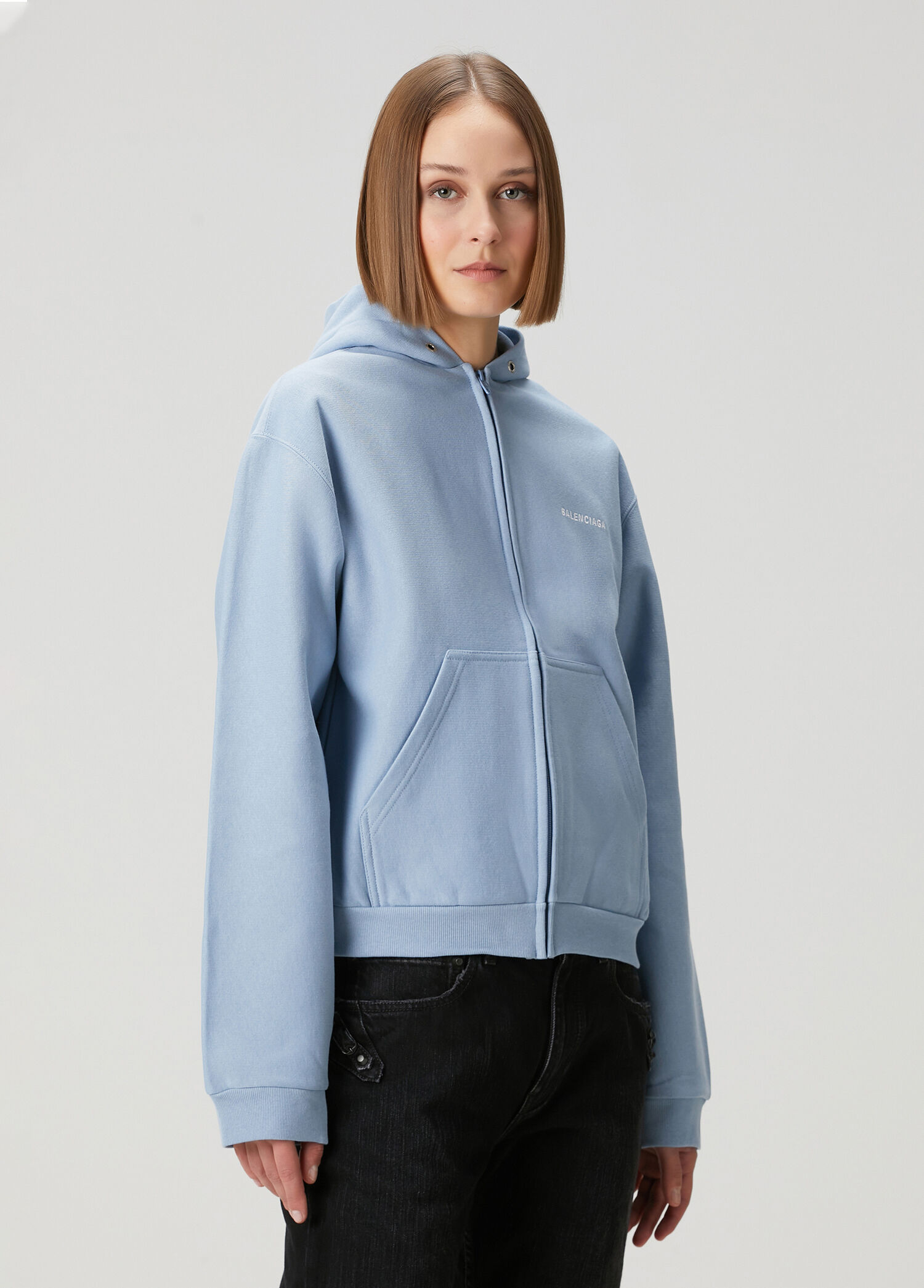 Mavi Kapüşonlu Fermuarlı Sweatshirt
