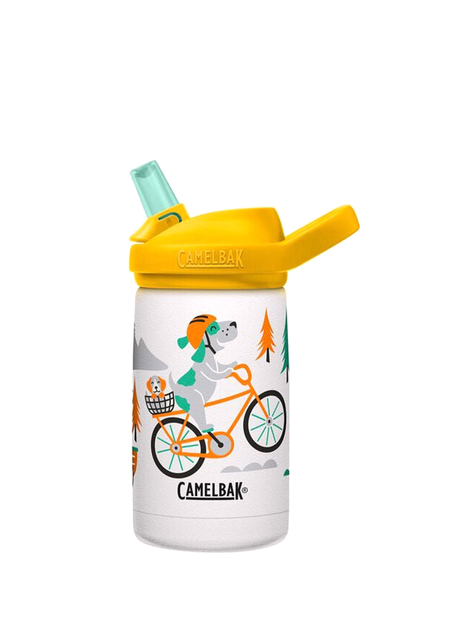 Eddy+ Bisikletli Köpek Desenli Beyaz Çelik Çocuk Suluk Matara 350 ml